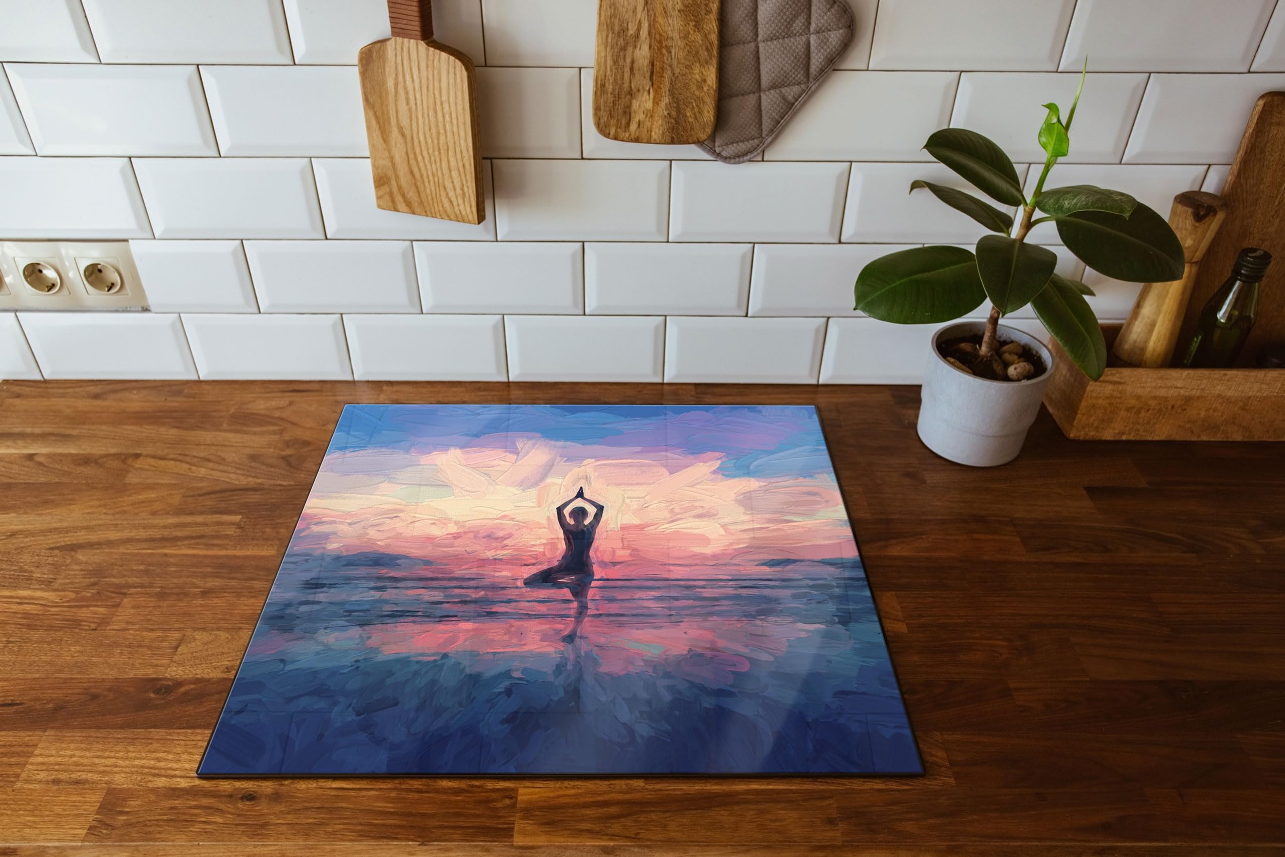 Yoga am Strand Plaque de protection pour cuisinière et protection anti-éclaboussures en verre véritable 60 x 52 cm