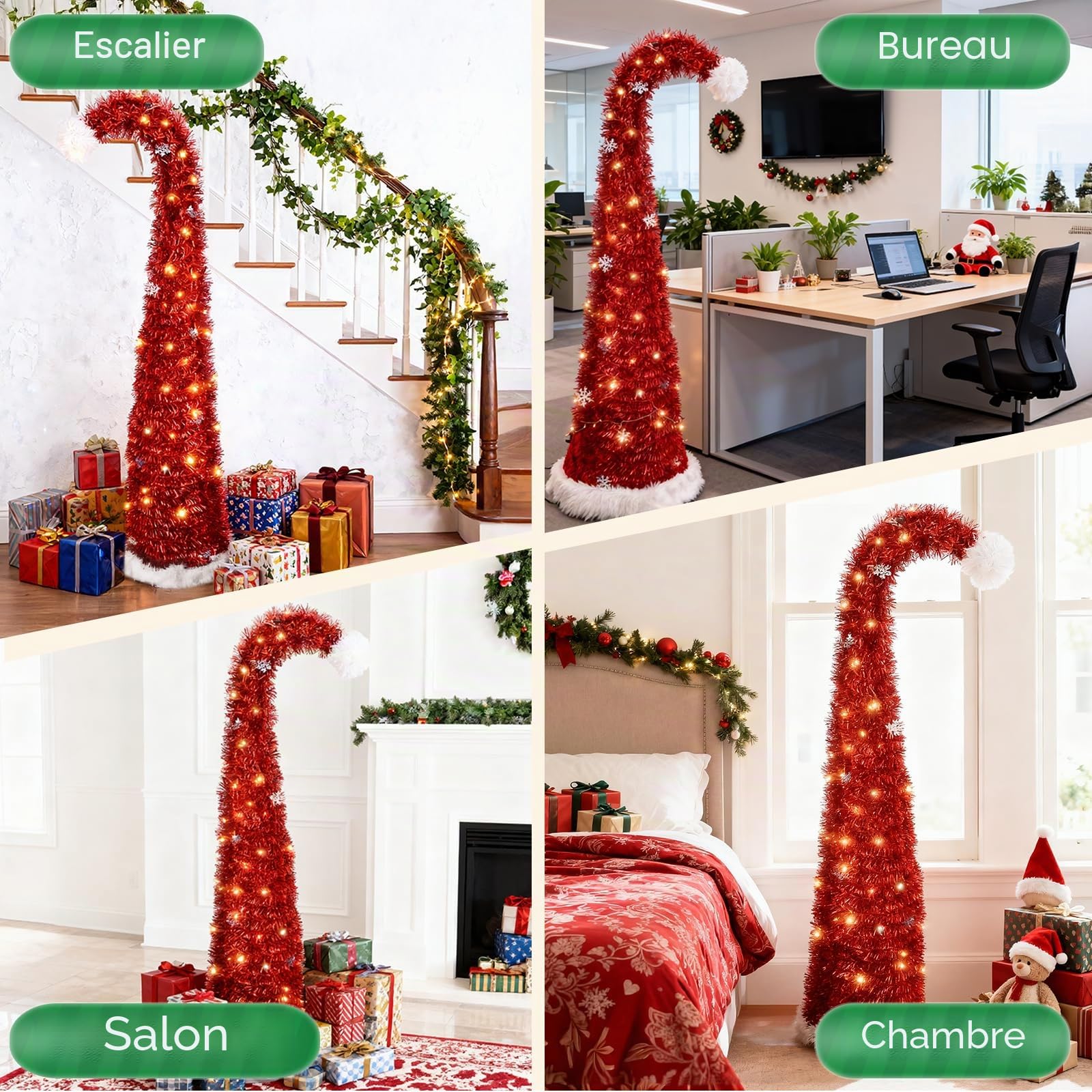 Christmas Tree – Sapin de Noël Rouge Lumineux en Forme de Chapeau de Père Noël avec Pompon Blanc et Flocons – Sapin Noel Artificiel LED Pliable pour Chambre, Bureau, fête