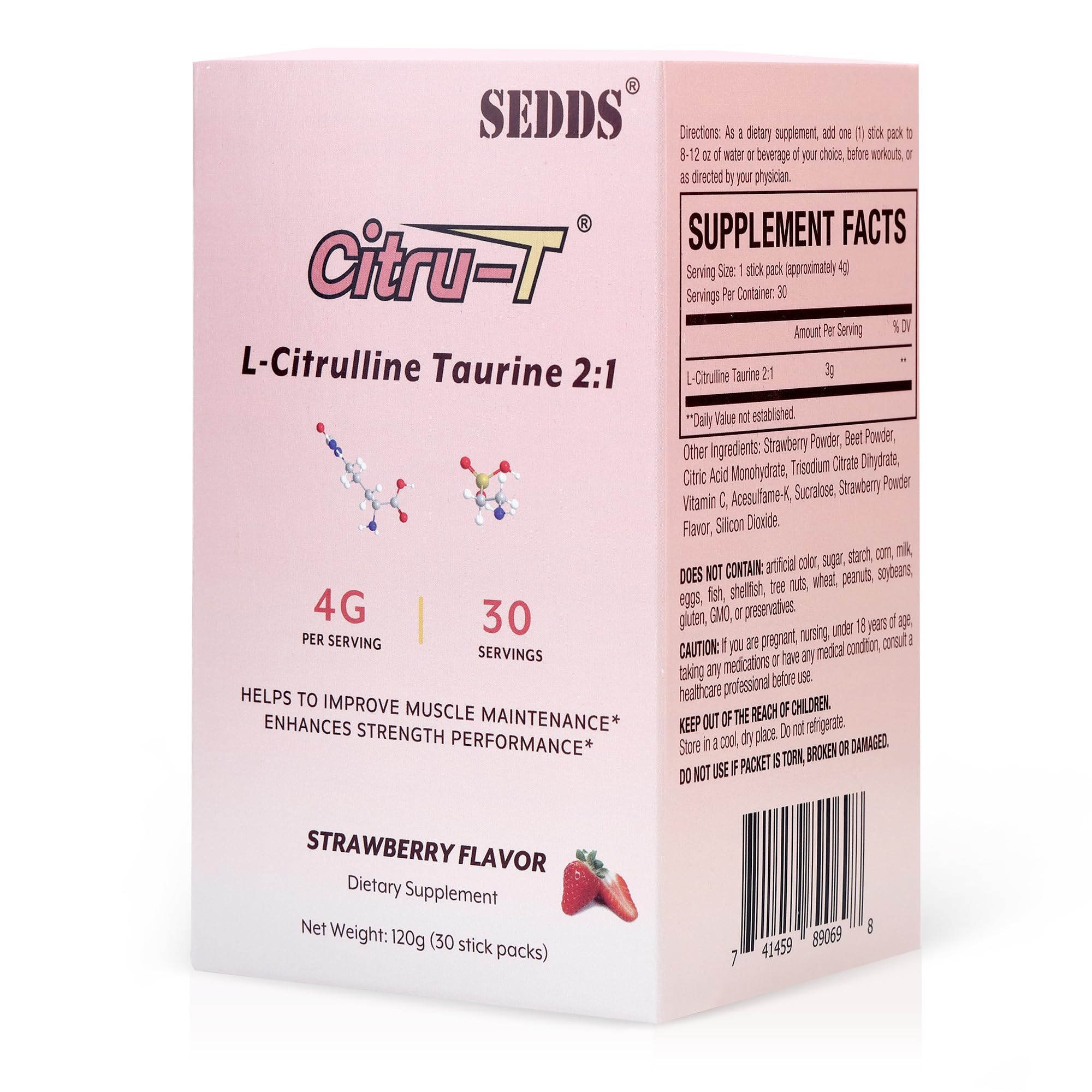 L-Citrulline Taurine 2:1, Strawberry-Flavored L Citrulline Powder Citrulline Supplements, Vegan Taurine Powder, Caffeine Free, Gluten Free, 30 Pack