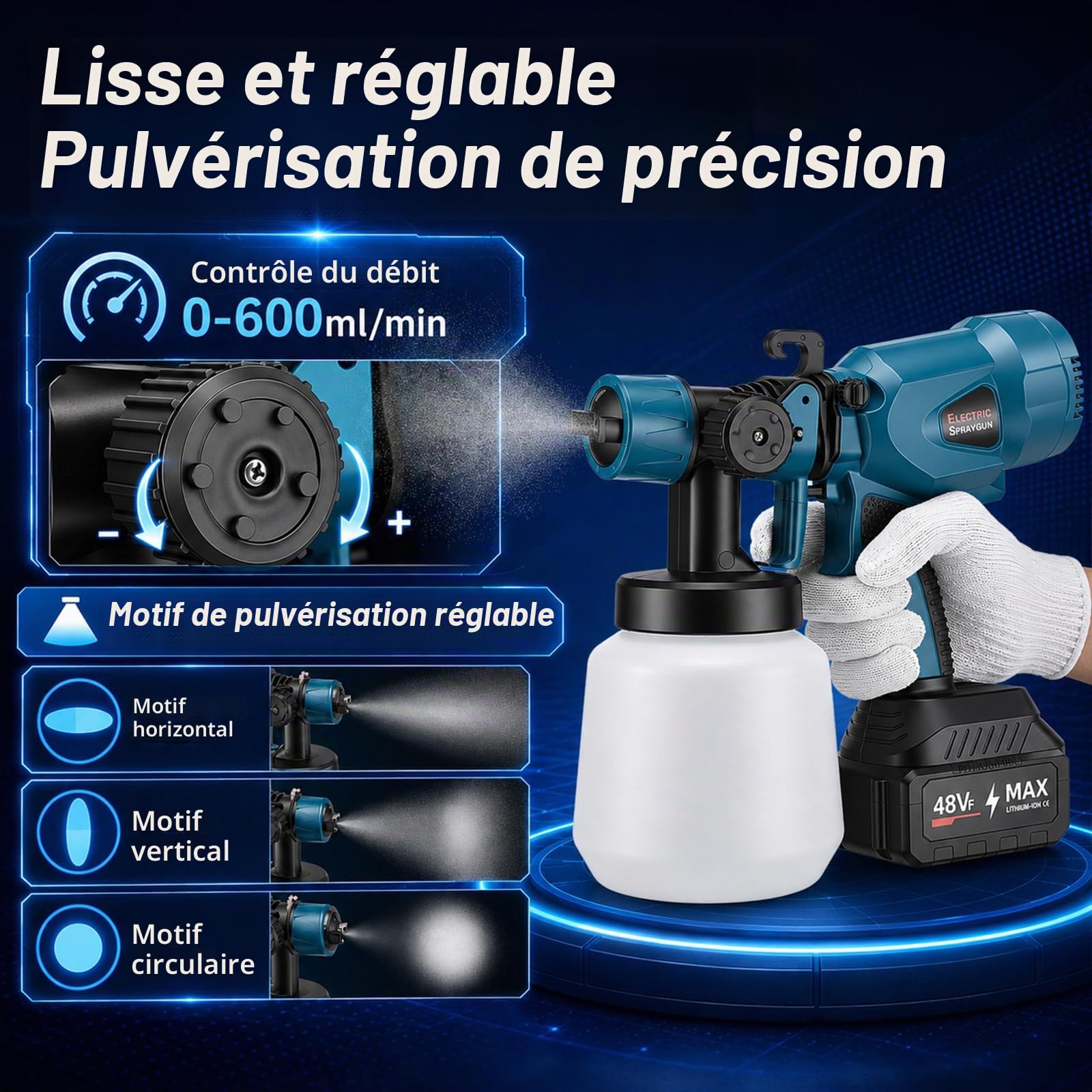 Pistolet a Peinture sans Fil,1200ML Pistolet à Peinture avec 3 Motifs et 5 Buses de Pulvérisation, pour La Peinture de Clôtures, Murs, Plafonds et Maison (Batterie Non Incluse)