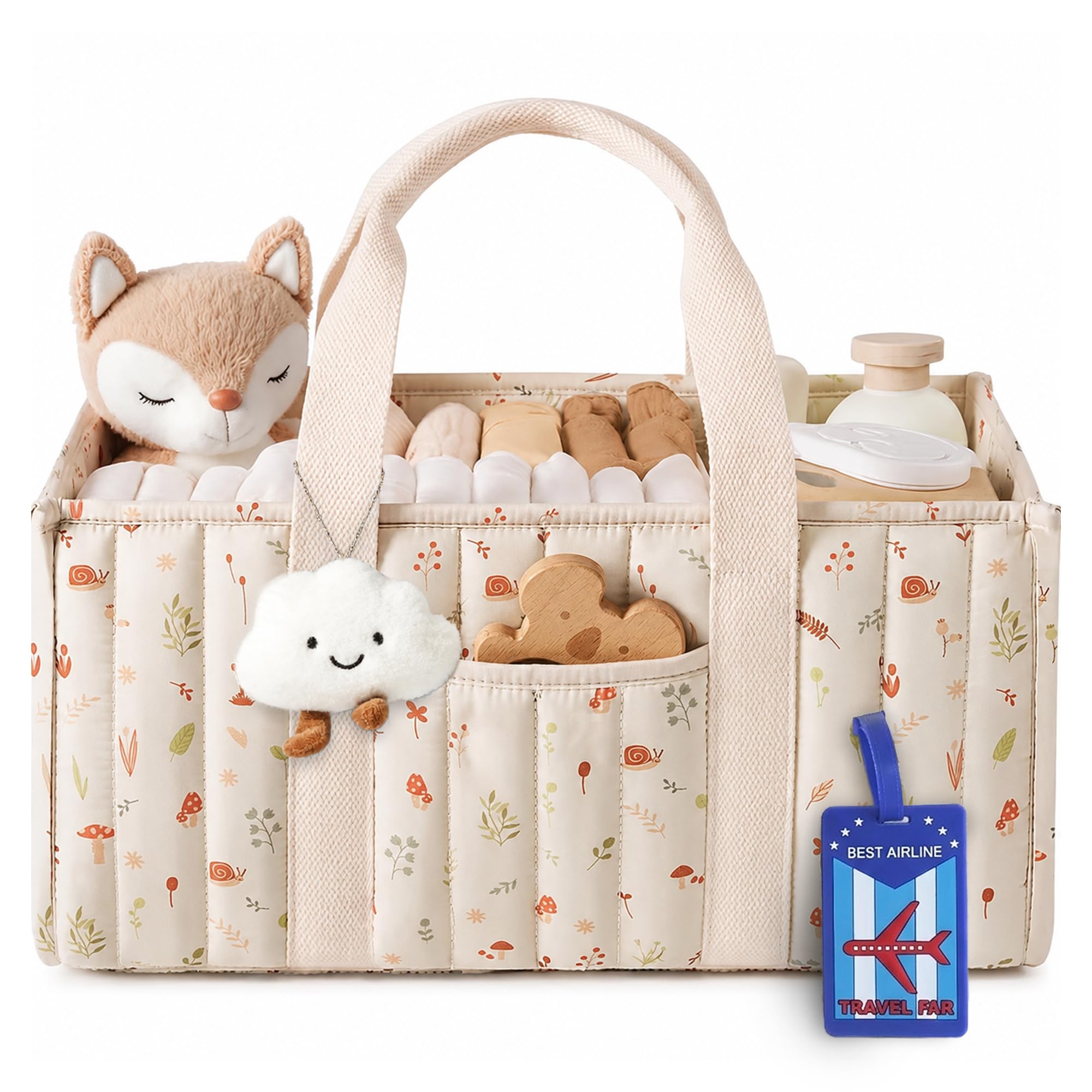 OCEANEVO Floral Diaper Caddy Organizer Bag WITH Luggage Tag AND Bag Charm | New Born Baby Essentials Storage Basket for Mothers for Travel |36 x 24 x 18 Cm - Beige - 1 Year Warranty