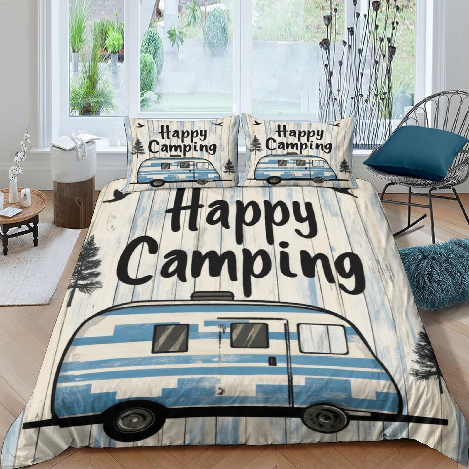 GPLZQXKJNH 3D Printed Camper Van Duvet Cover Microfiber Soft Breathable Forest Camping Bedding Set with 2 Pillowcases for Bedroom Decor Single（135x200cm）
