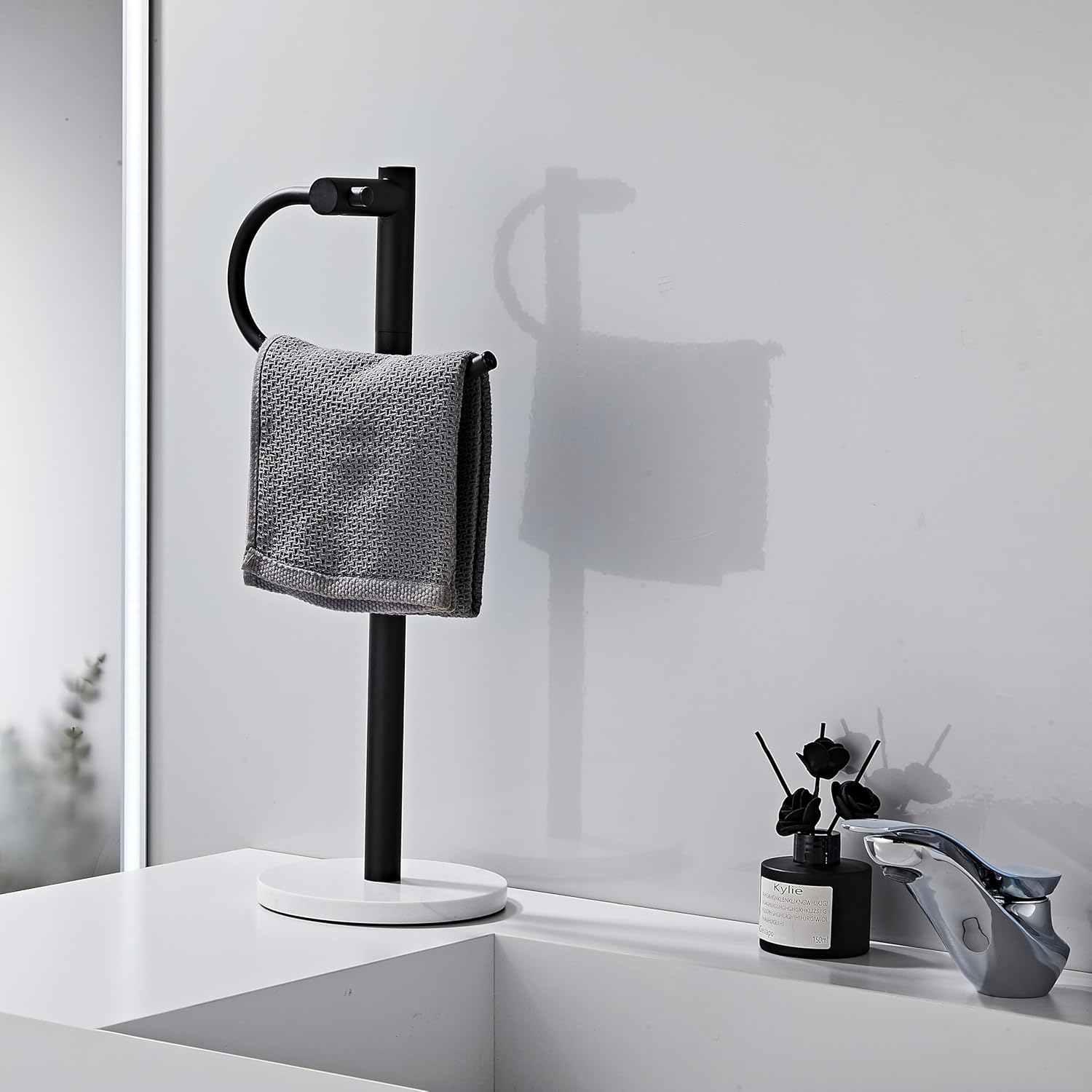 19 Inch Modern Hand Towel Holder Stand with Marble Base, Black Metal, Freestanding Bathroom Counter Towel Rack