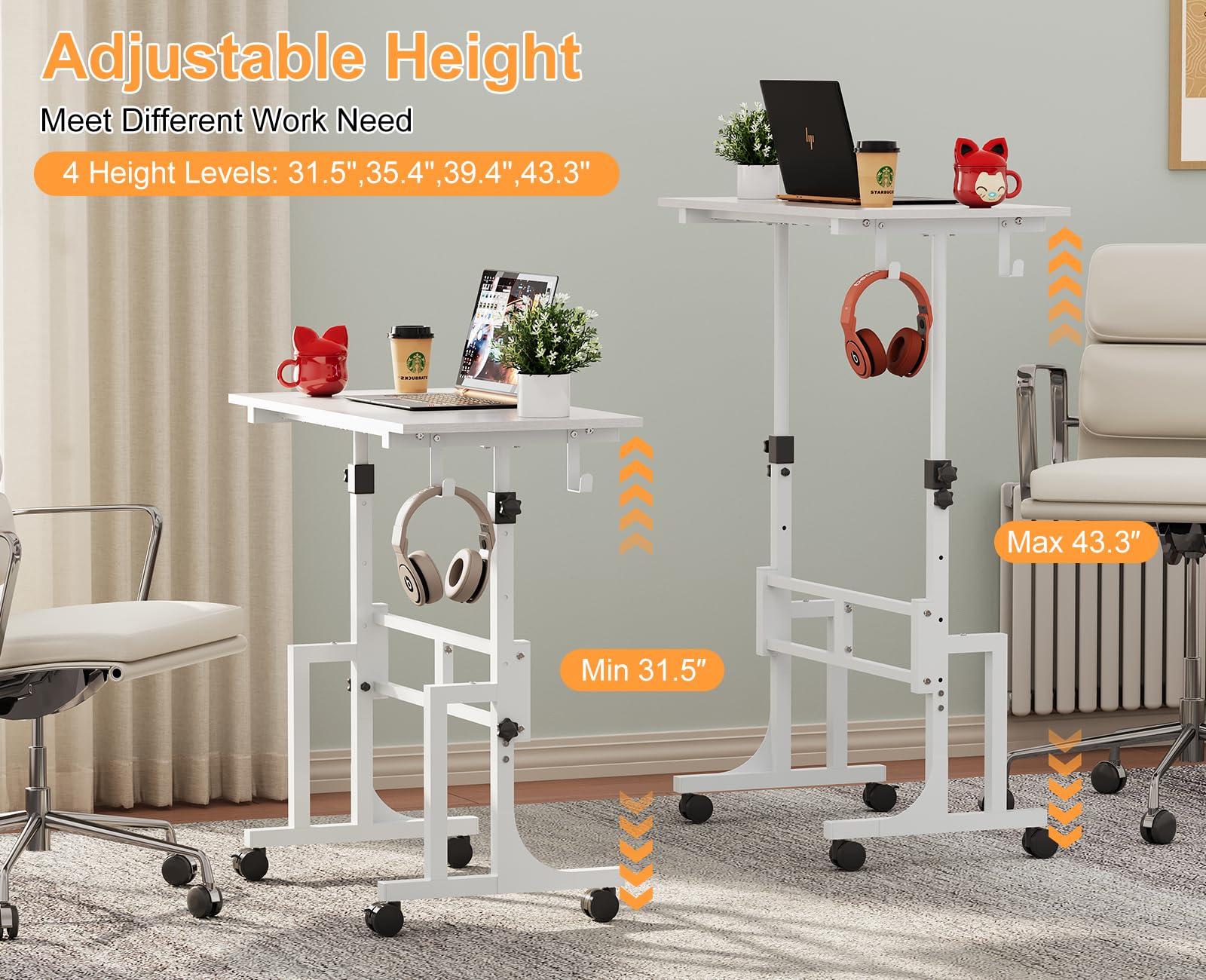 Small Adjustable Height Standing Desk With 2 Hooks Rolling Sit Stand Up Desk With Wheels Adjustable Mobile Portable — view 3