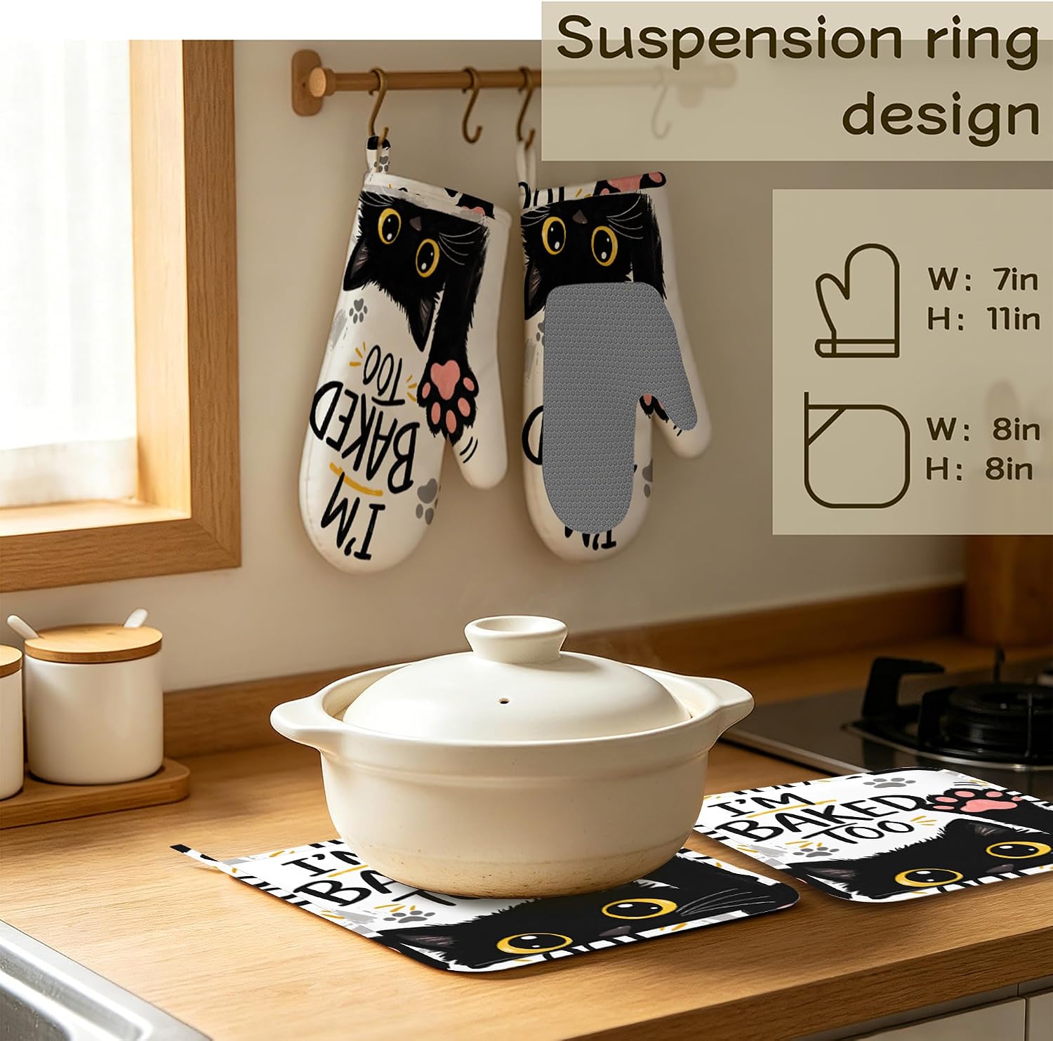 Funny Baker Black Cat Oven Mitts and Pot Holders Sets of 4 PCS, I’M Baked Too Oven Gloves Potholder for Kitchen Cooking Baking BBQ Heat Resistant
