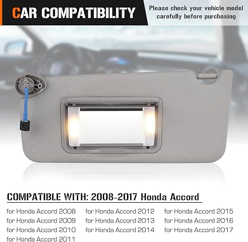 Miniatura 4 de Visera solar con luz para Honda Accord 2008-2012, lado izquierdo del conductor y lado derecho del pasajero, repuesto gris 83230TA0A91ZA 83280TA0A91ZB