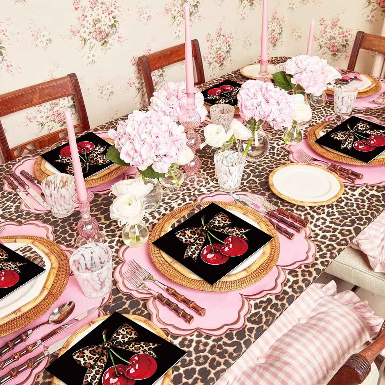 Whaline 50 Pcs Cheetah Cherry Cocktail Napkin Disposable Paper Napkin Red Black Leopard Bow Drink Beverage Napkins for Girls Women Home Party Tableware Supplies Decor - Image 7