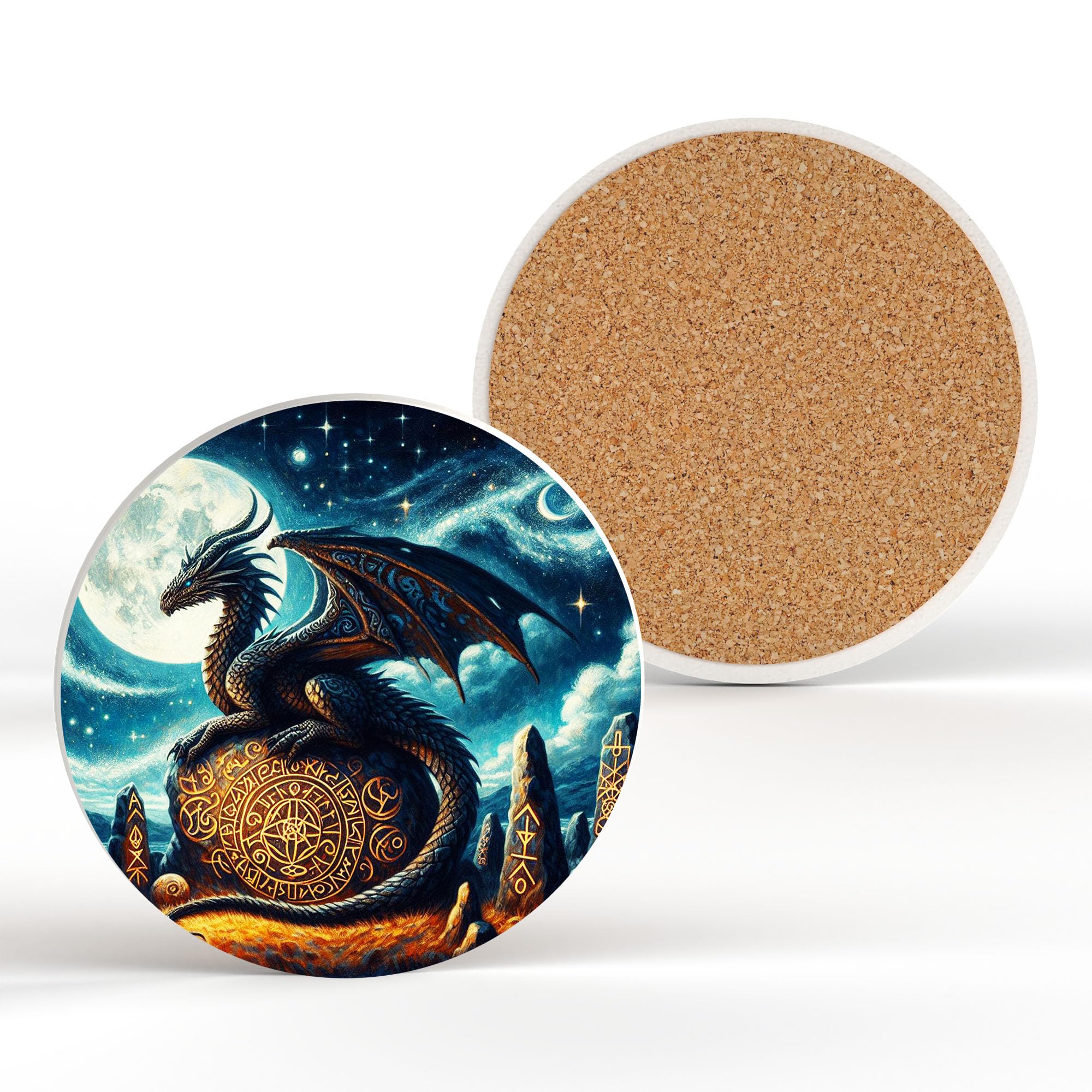 Prezents.com Blue Rune Stone Mother Dragon Spiritual Artwork On Ceramic Round Coaster