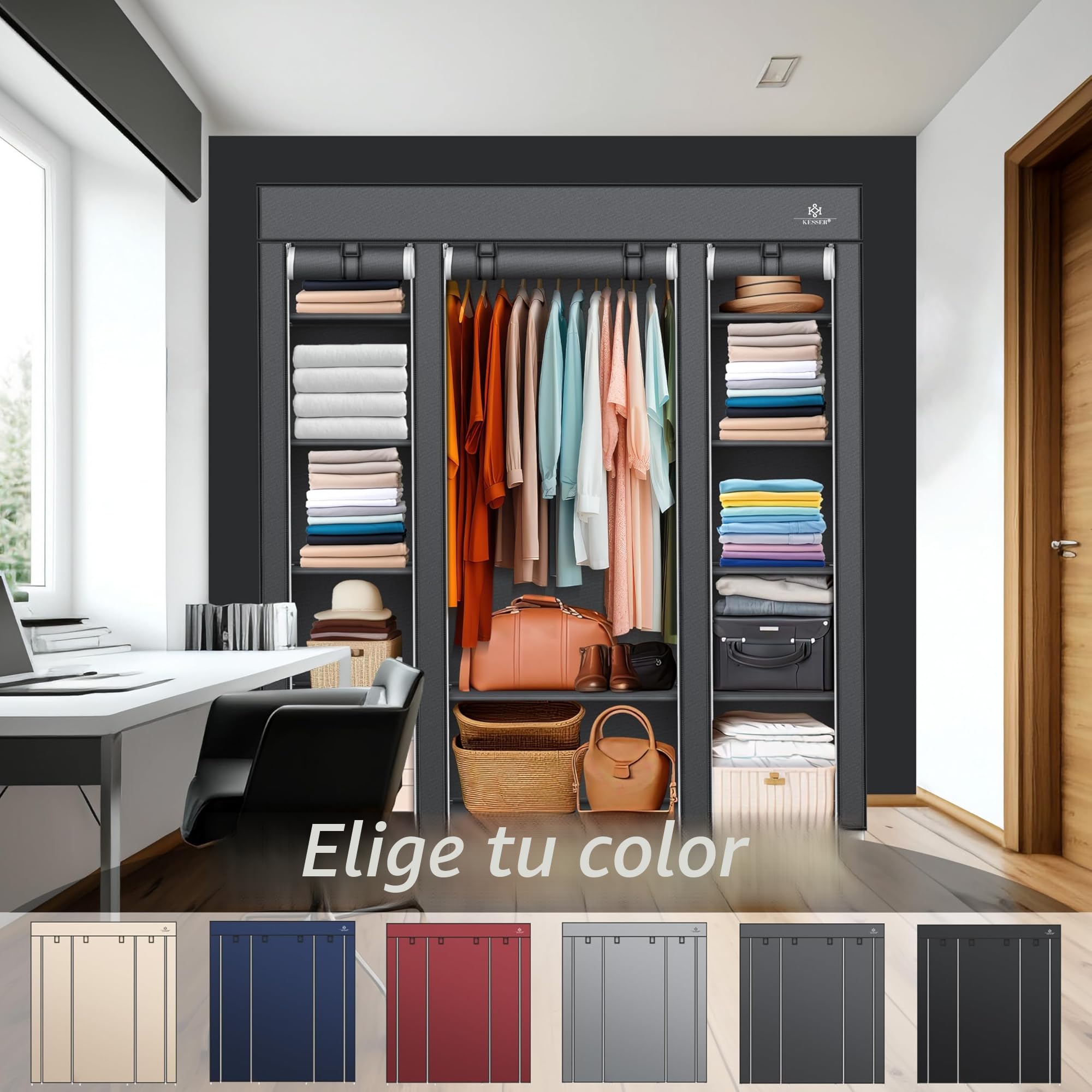KESSER® Armario de tela estable con barra y estantes, incluye 5 perchas, armario plegable de tela para dormitorio, vestidor con perchero, 150 x 45 x 175 cm, antracita