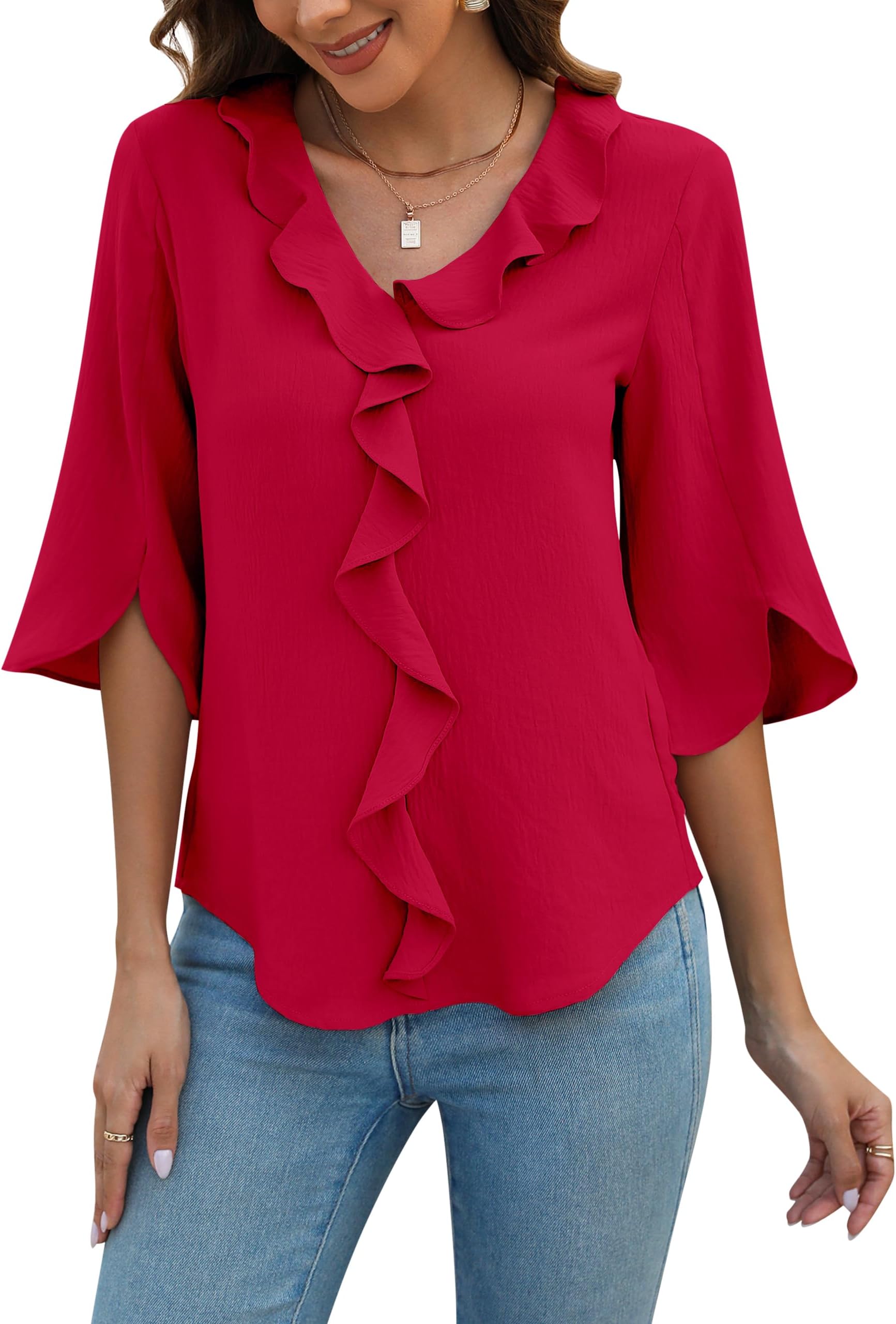 Blooming Jelly Womens Dressy Casual Blouses 3/4 Sleeve V Neck Ruffle Tops Business Ladies Summer Trendy Fashion Work Shirt