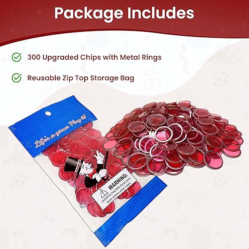 Miniatura 2 de MR CHIPS Chips de bingo magnéticos con anillo de metal de 34 pulgadas, 300 piezas mejoradas, rojo transparente, disponible en 7 colores, una bolsa