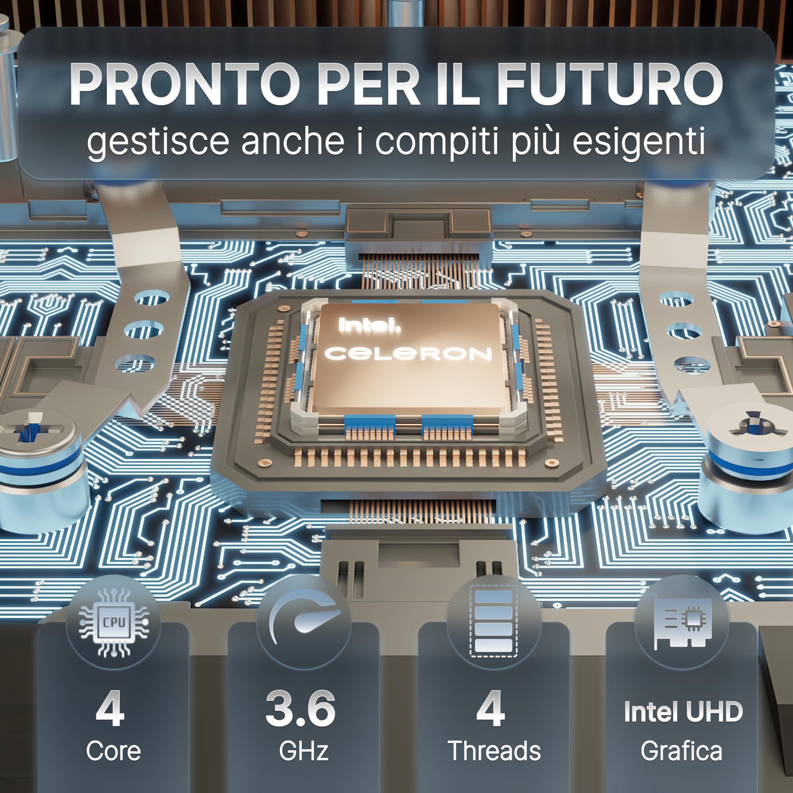 Mini-PC Intel® Celeron™ N150 • con 8 GB DDR5 RAM, 256 GB SSD, Windows 11Pro • Grafica UHD • WiFi 6E, GB-LAN 1,0 Gbit/s • HDMI 2.1 & USB-C • PC compatto per Home & Office