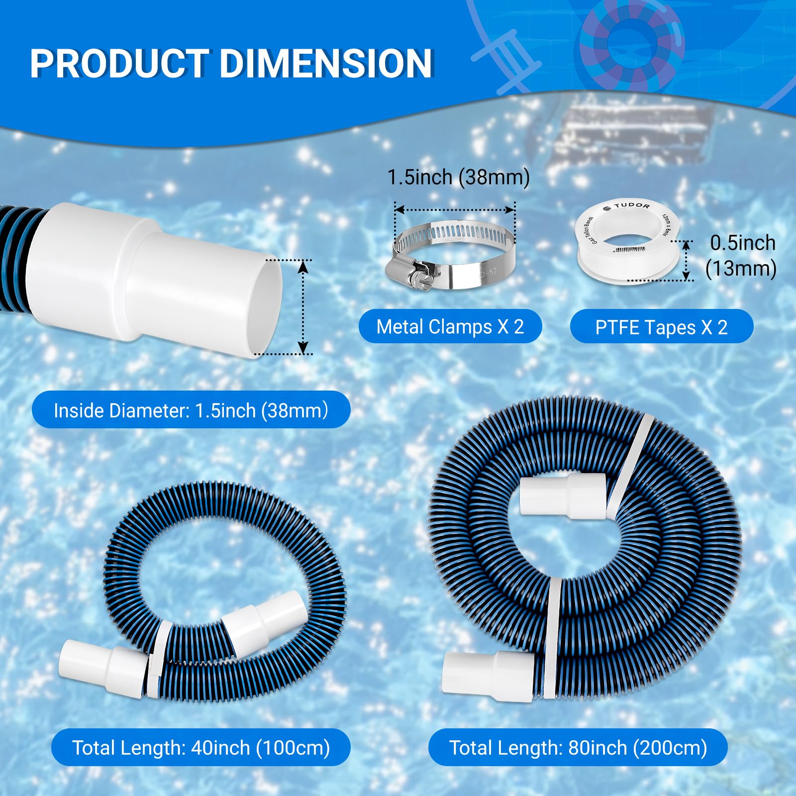 Lot de 2 tuyaux d'aspiration de piscine de 3,8 cm et 1,8 m pour piscine hors sol, tuyaux de pompe de piscine avec manchon pivotant sans plis pour piscines creusées, tuyaux de filtre de rechange