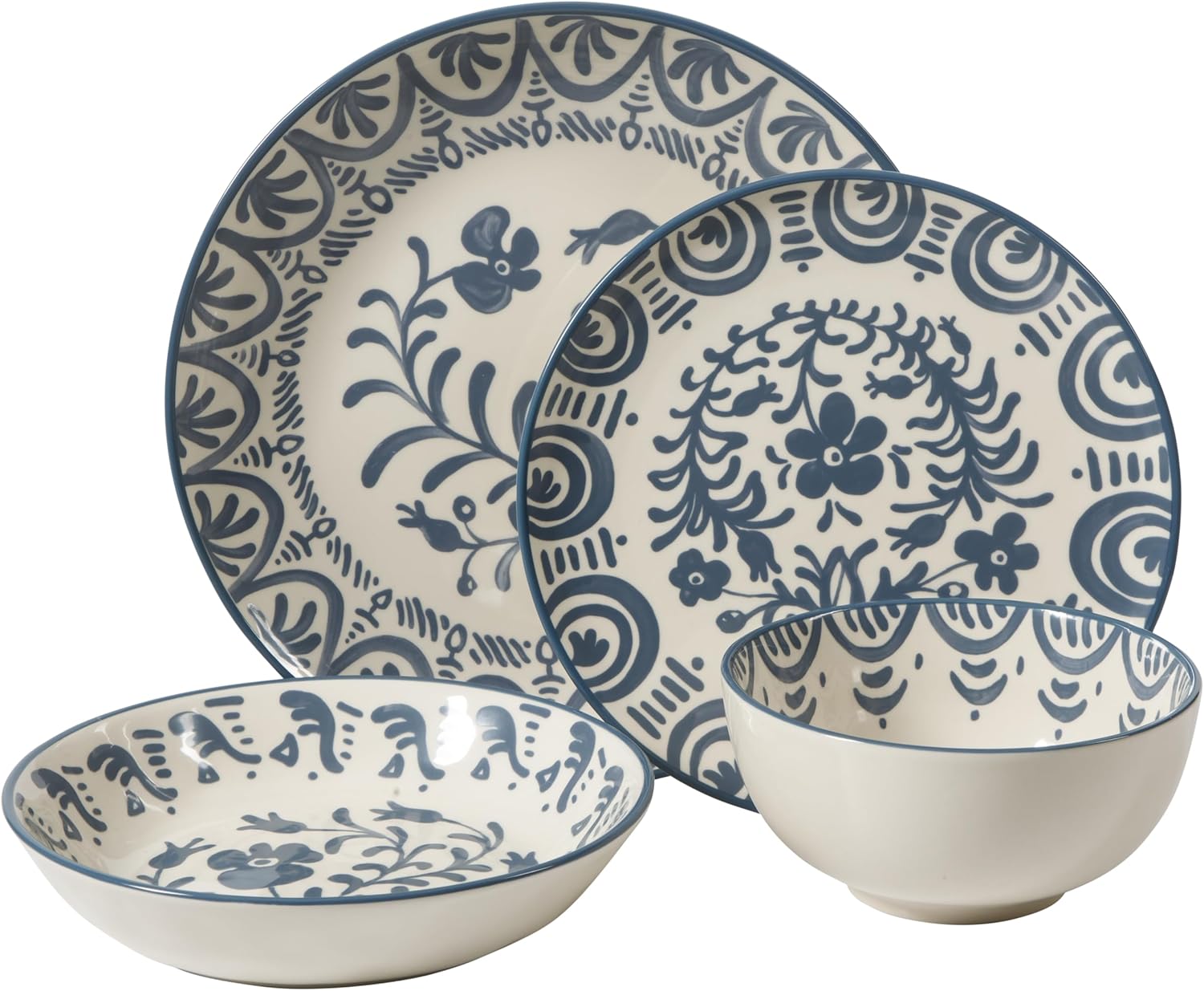 Bloomhouse - 2-Time Oprah’s Favorite Things - Valencia Flor 16 Piece Dinnerware Set, Artisanal Decorated Stoneware Plates & Bowls, Service for 4, Microwave & Dishwasher Safe, Iris Blue