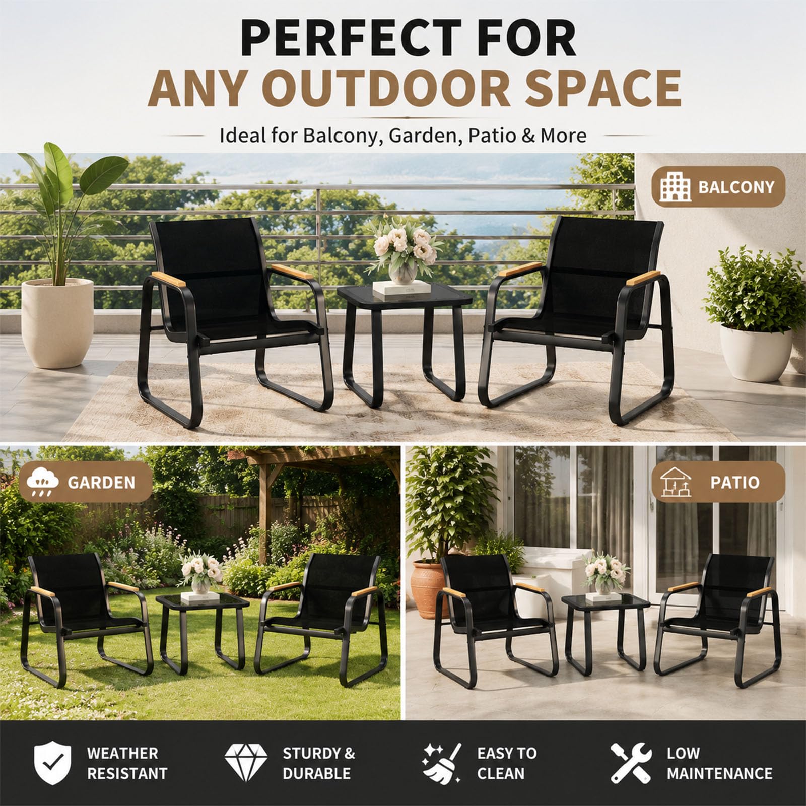 Garvee 3-teiliges Balkonmöbel Set für 2 Personen, moderne Gartenmöbel Sitzgruppe mit Stahlrahmen, Glastisch und Armlehnen in Holzoptik, pflegeleichtes Lounge Set für Balkon,Terrasse und Garten,Schwarz