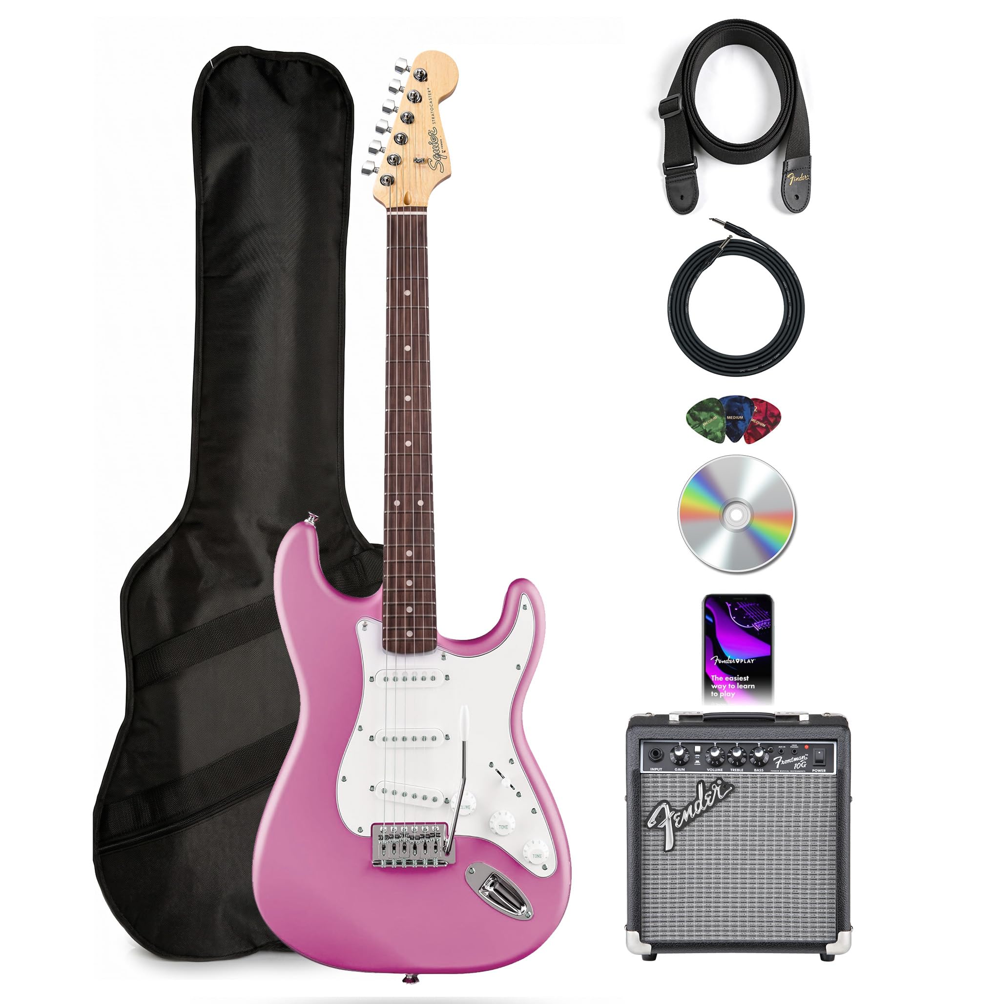 Fender Squier Stratocaster - Flash Pink Bundle with Frontman 10G Amplifier, Gig Bag, Instrument Cable, Strap, Picks, and Austin Bazaar Instructional DVD