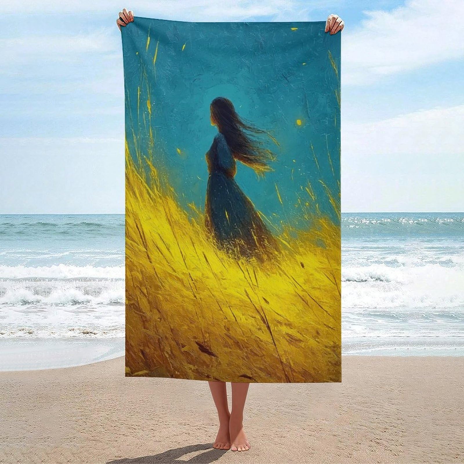 LSRCPD Long Hair Woman Yellow Grass Beach Towel Sand Free Microfiber Large Shower Towels Multipurpose Absorbent for Bathroom Pool 130x80 CM