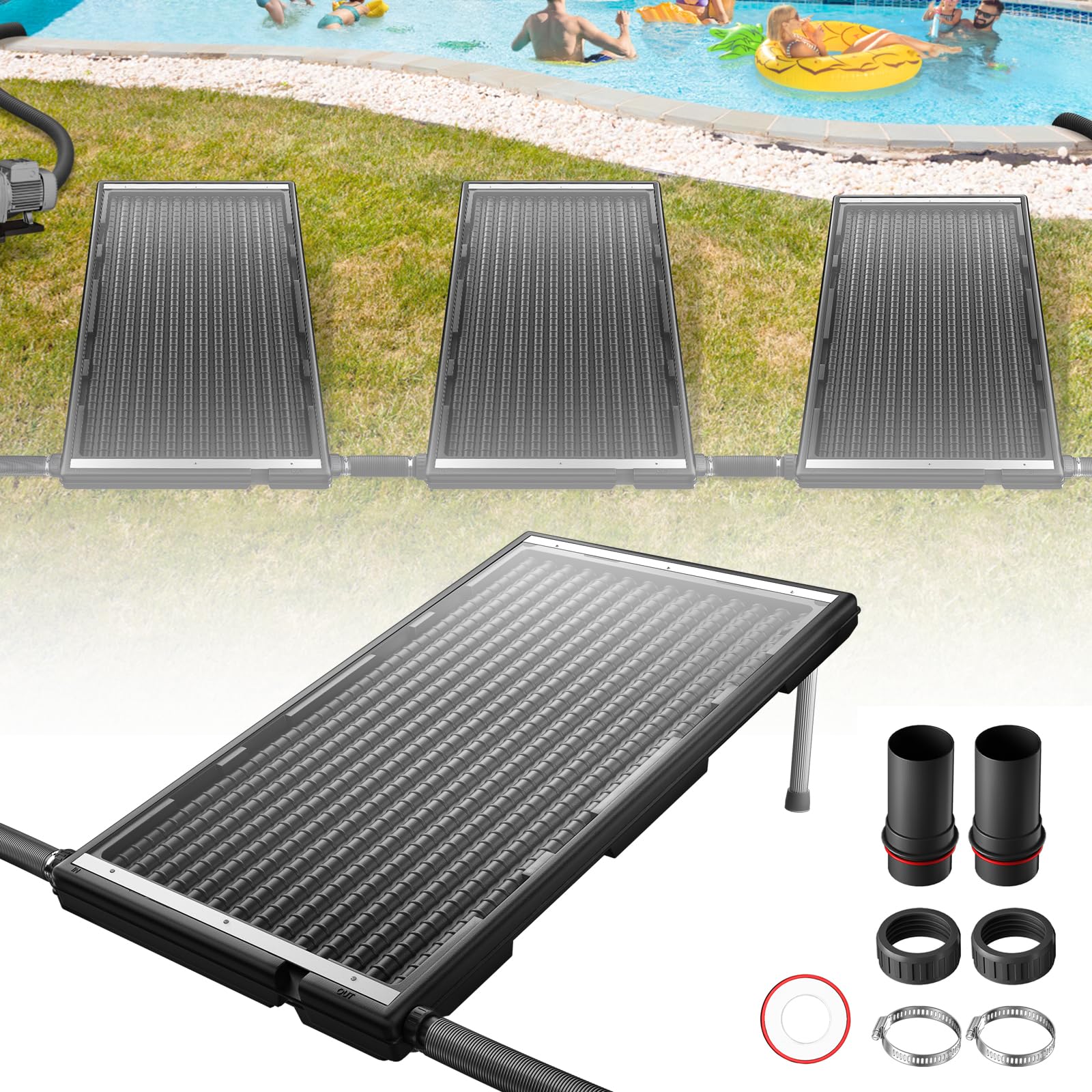 LZQ Riscaldamento solare per piscina con pannello solare, connettore per riscaldamento solare, diametro 50 mm, per acqua calda, piscina, doccia da giardino, 111,5 x 66 x 6,5 cm, nero, rettangolare, 3