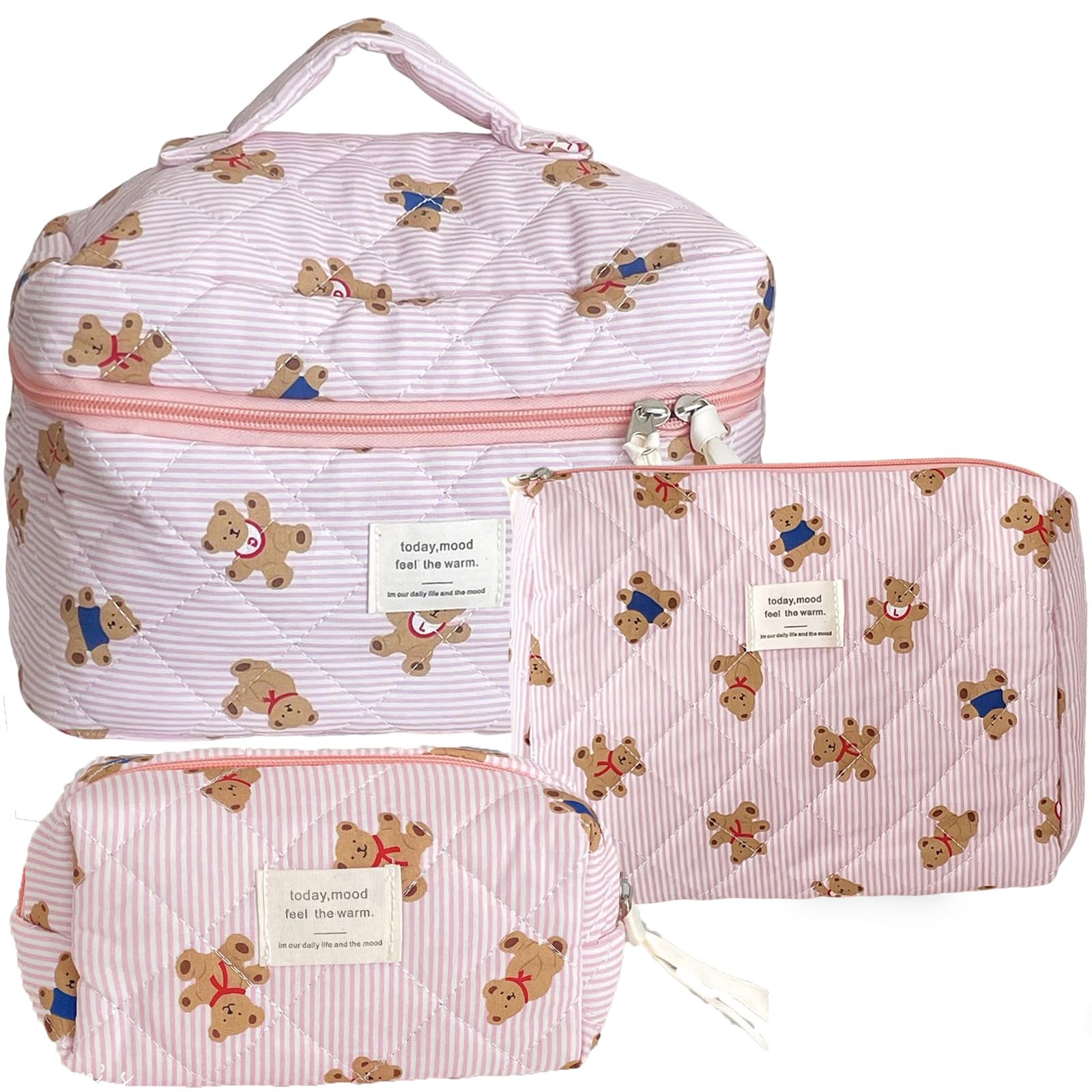 JINFANRUI Make Up Bag Set of 3 Quilted Make Up Bags for women Cute Cotton Cosmetic Bag Pink Striped Bear Make Up Pouch Large Travel Toiletry Bag For