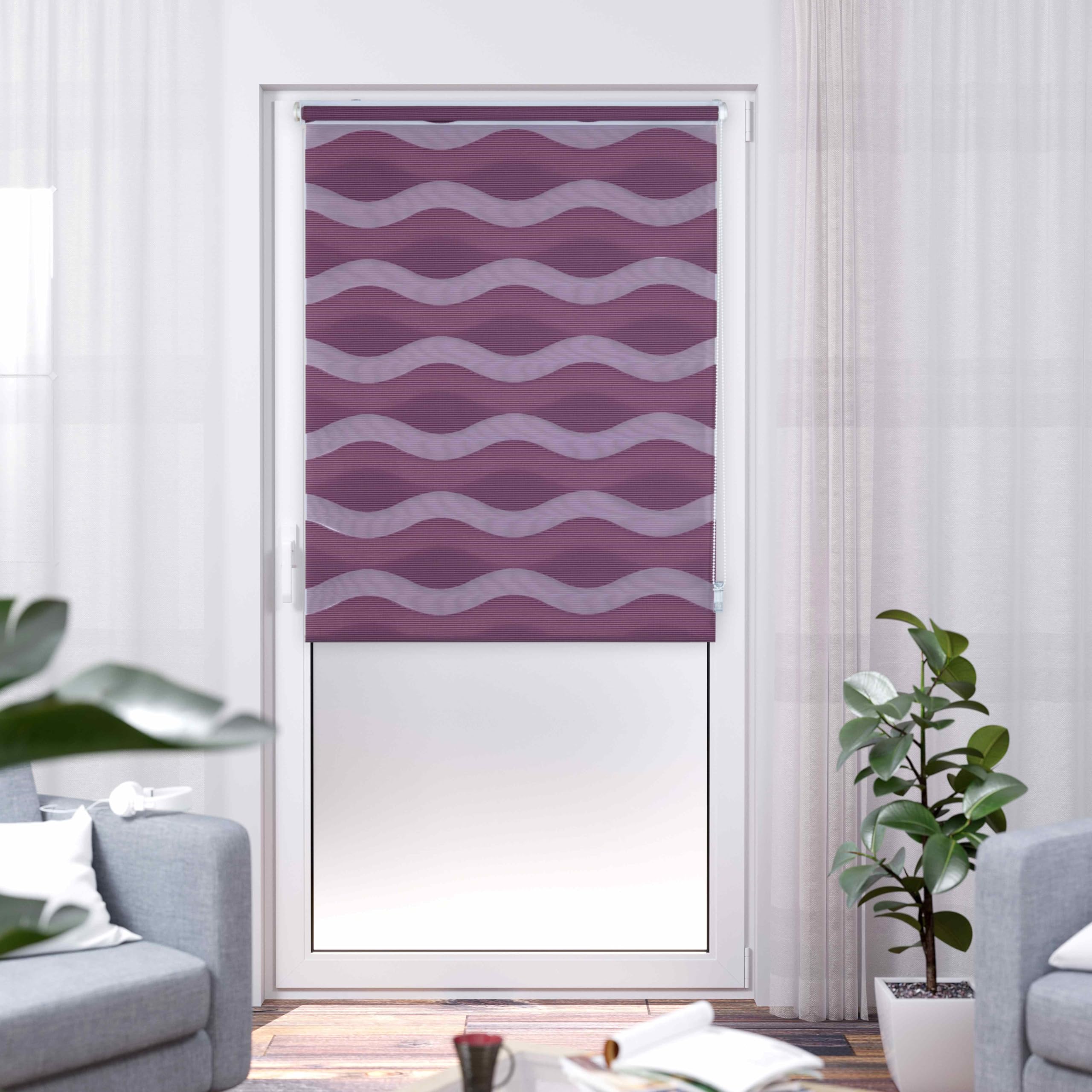 Khome Klemmfix Double Roller Blind, Wave, No Drilling Required, Bordeaux, 100 cm x 200 cm (W x L)