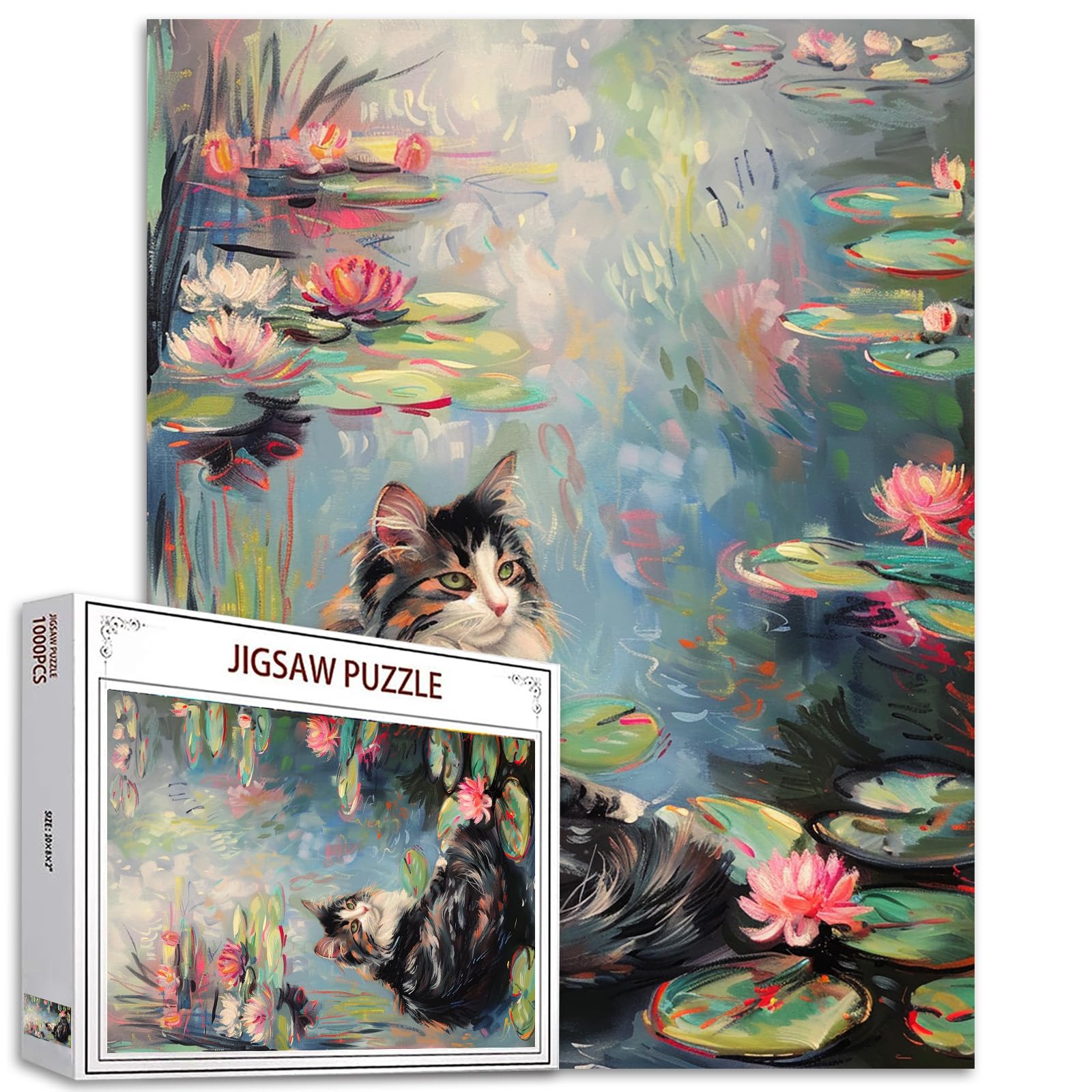 Tucocoo Cute Cat Jigsaw Puzzle 1000 Pieces Puzzles for Adults, Pond of Water Lilies Kitten Abstract Art Puzzles for Challenging Family Activity Games Colorful DIY Craft Puzzle for Home Decor Gifts