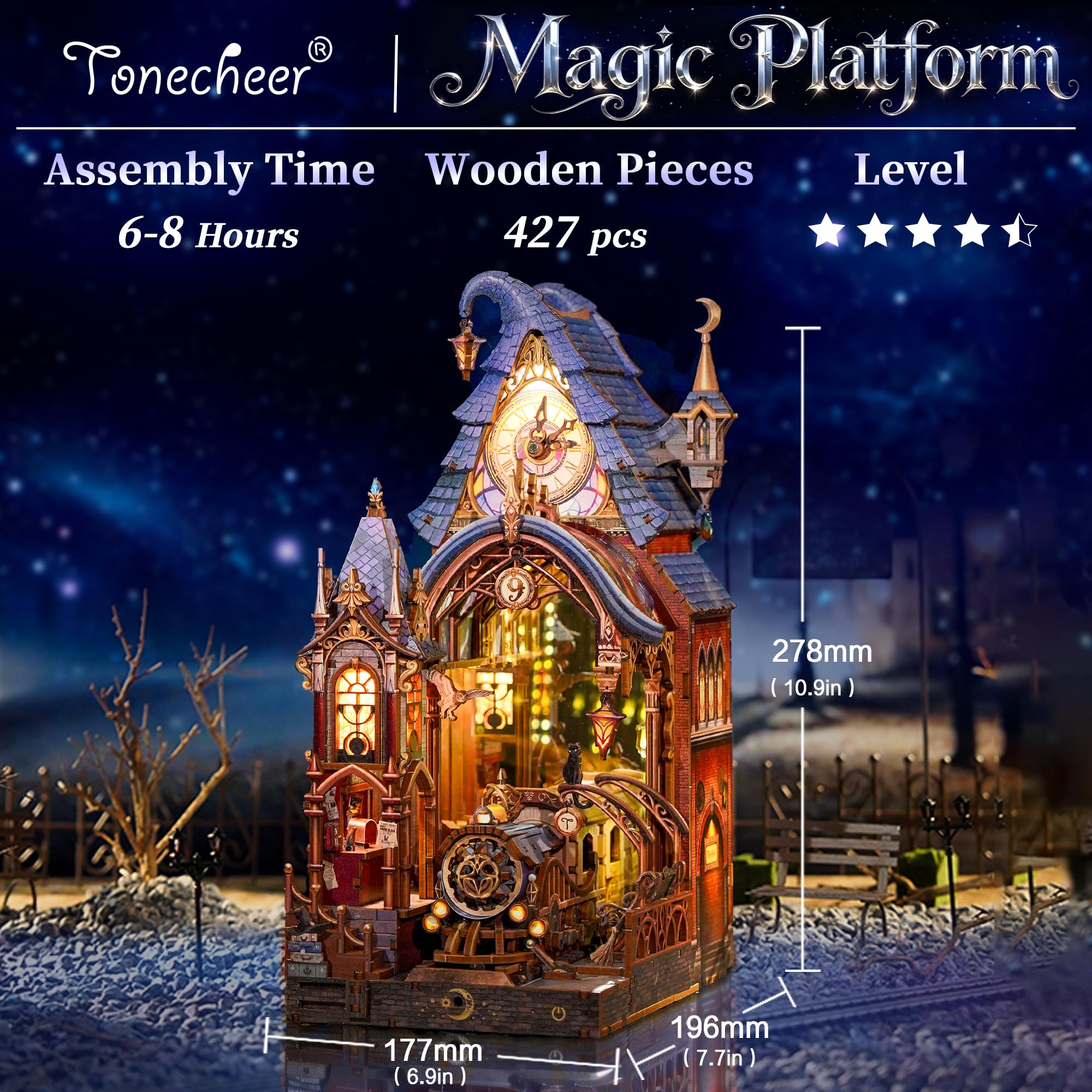 Tonecheer 3D Holzpuzzle Book Nook Kit, LED Zauberwelt Miniatur Bastelset, Interaktives DIY Bücherregal Regaldekor, Gothic Deko Geschenk für Erwachsene und Fans(Magischer Bahnsteig)