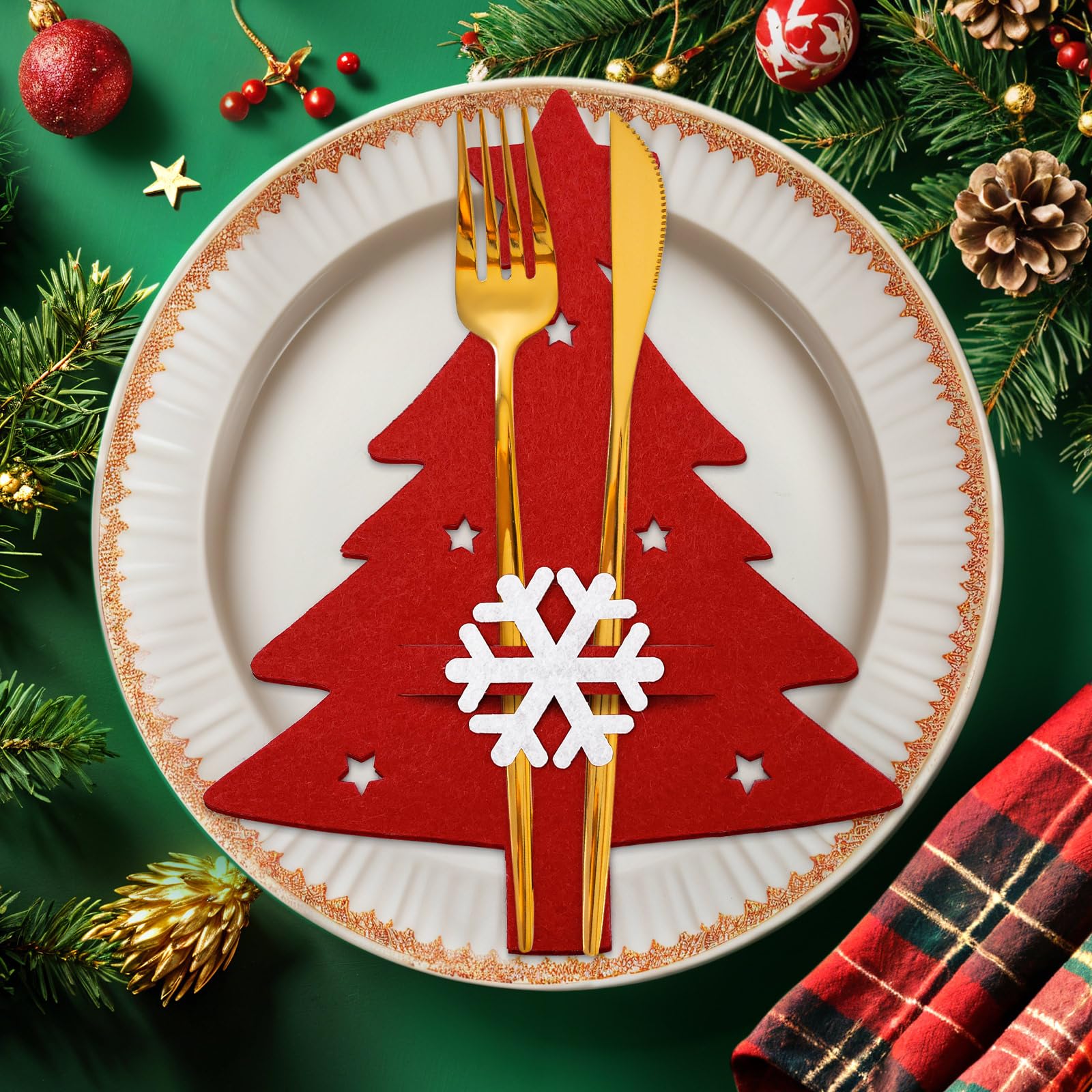 12 Piezas Porta Cubiertos Navidad Fieltro Rojo, Porta Cubiertos Navideños Decoracion Mesa Navidad Hogar, Porta Cubiertos Navideños Bolsas Árbol de Navidad Copo de Nieve Estrella