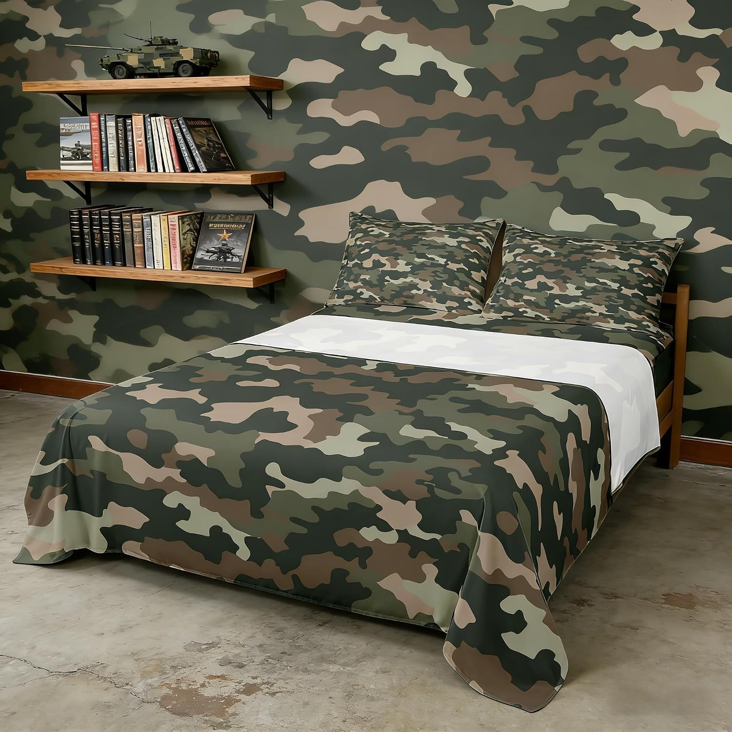 Army Green Camo Print Sheet Twin Size,Camouflage Patchwork Rustic Farmhouse Bedding Set,Kids Girls Boys Adults Room Decor,Abstract Geometric Retro Bed Sheet Set 3pcs(Fitted + Flat + 1 Pillowcase)