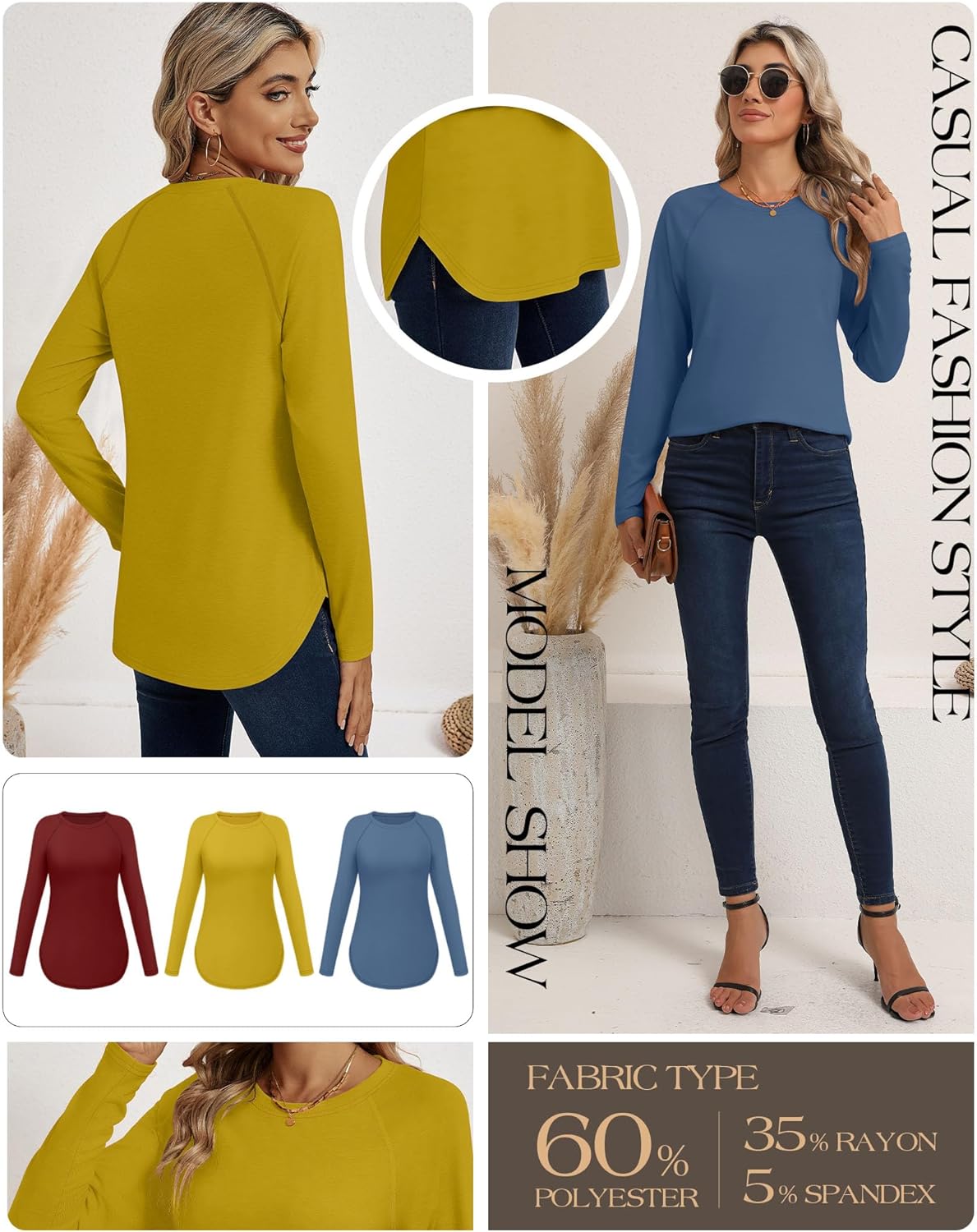 Ficerd 3 Pack Women's Long Sleeve T-Shirts Crew Neck Raglan Sleeve Casual Loose Fit Shirts Side Split Curved Hem Tunic Tops - Image 4