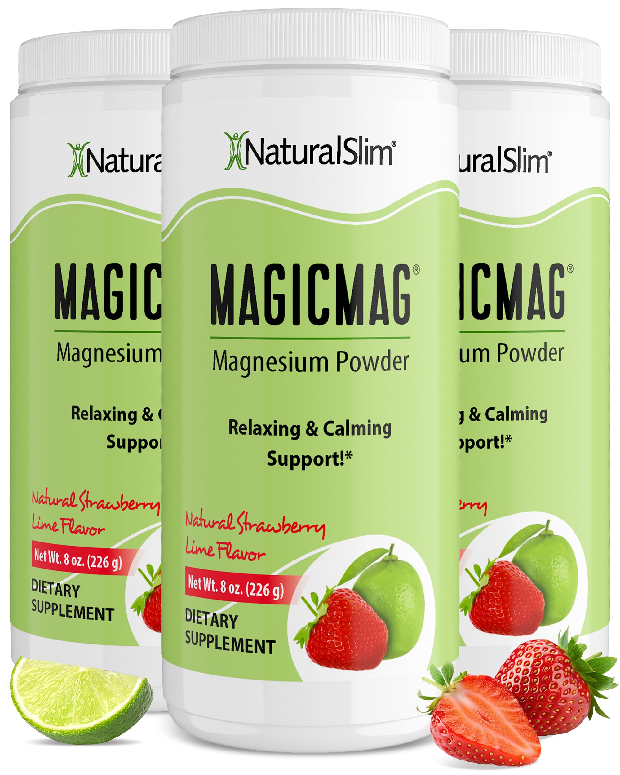 NaturalSlim Magicmag Pure Magnesium Citrate Powder – Stress, Constipation, Muscle, and Heart Support | Natural Strawberry & Lime Flavored Magnesium Supplement - 8oz Drink Mix (3 Pack)