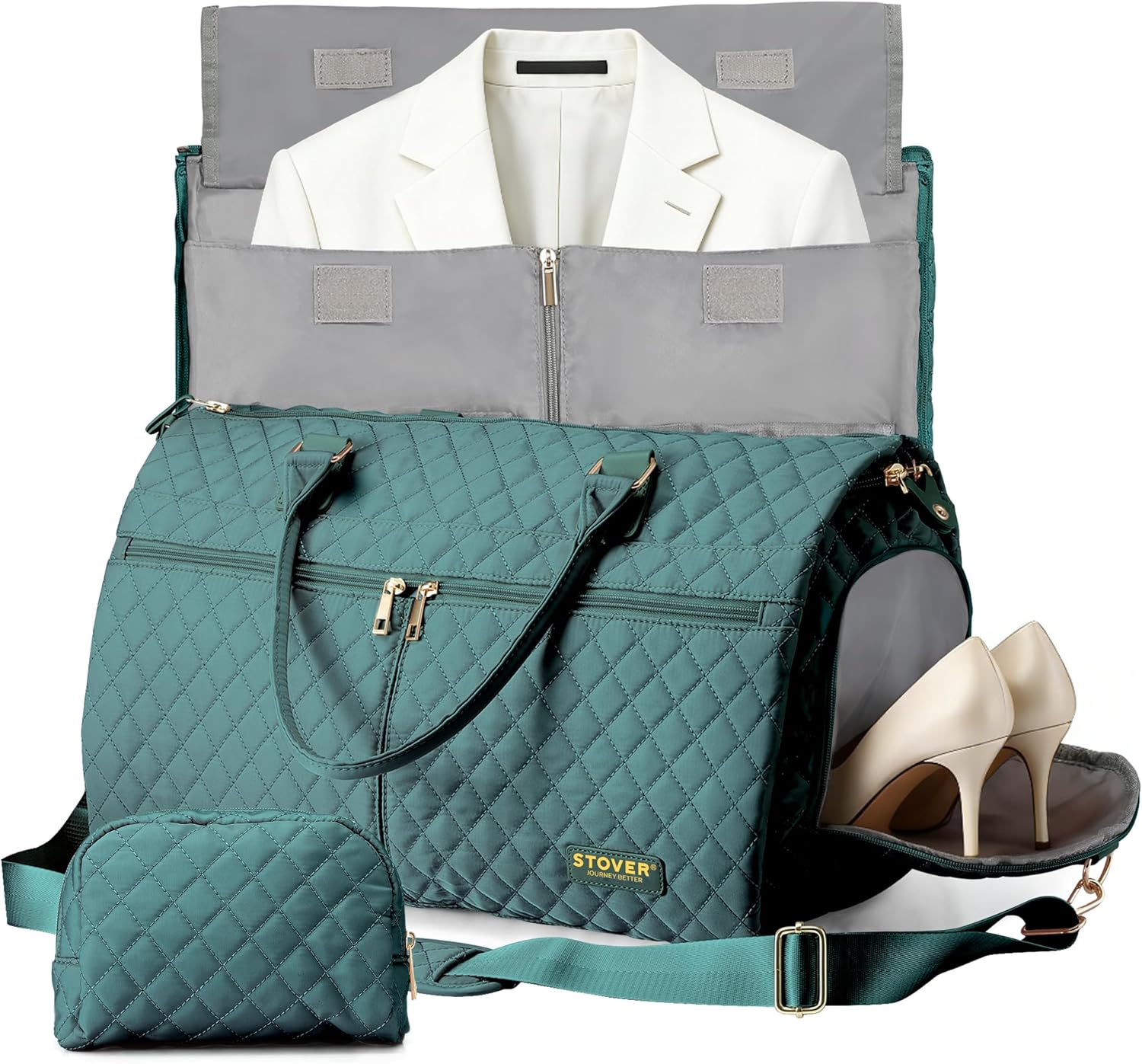 STOVER Women’s Convertible Garment Duffel Bag for Travel – 2-in-1 Carry-On Weekender/Overnight Tote - Wrinkle-Free Dresses, Suits & Clothes Plus Shoe Compartment & Bonus Toiletry Bag (Emerald Green)
