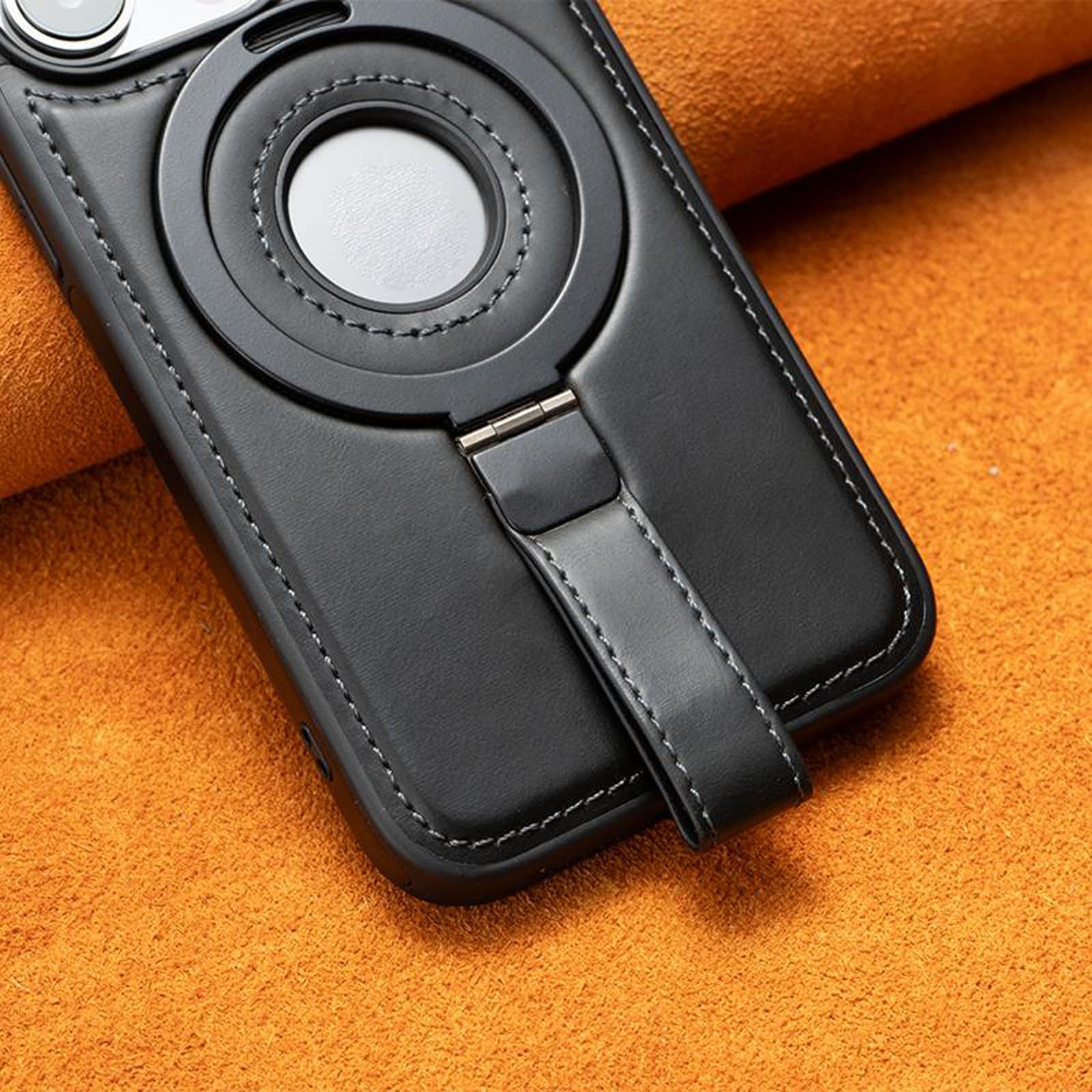 Skórzane etui do iPhone'a 16 Pro Max/16 Pro/16 Plus/16, etui na telefon z ładowaniem bezprzewodowym, podstawką na pierścień i pętlą na palec, logo View, brązowe, 16 Pro