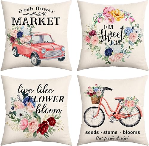 Coliuso Juego de 4 fundas de almohada primaverales de 20 x 20 pulgadas, diseño de flores frescas, para bicicleta, decoración del hogar, para sofá,