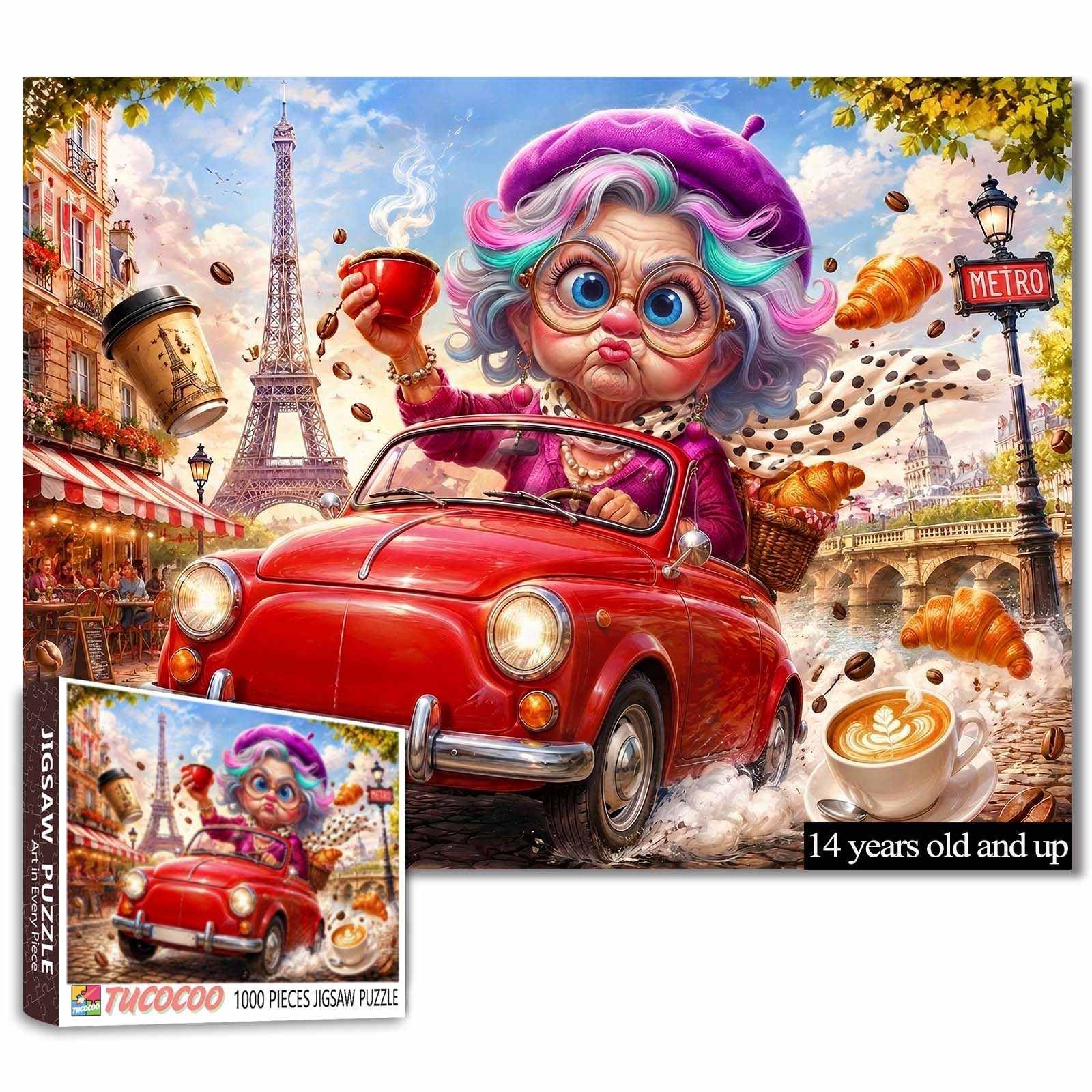 Funny Grandma Jigsaw Puzzle Crazy Granny in Vintage Car Puzzle for Adults — image 1