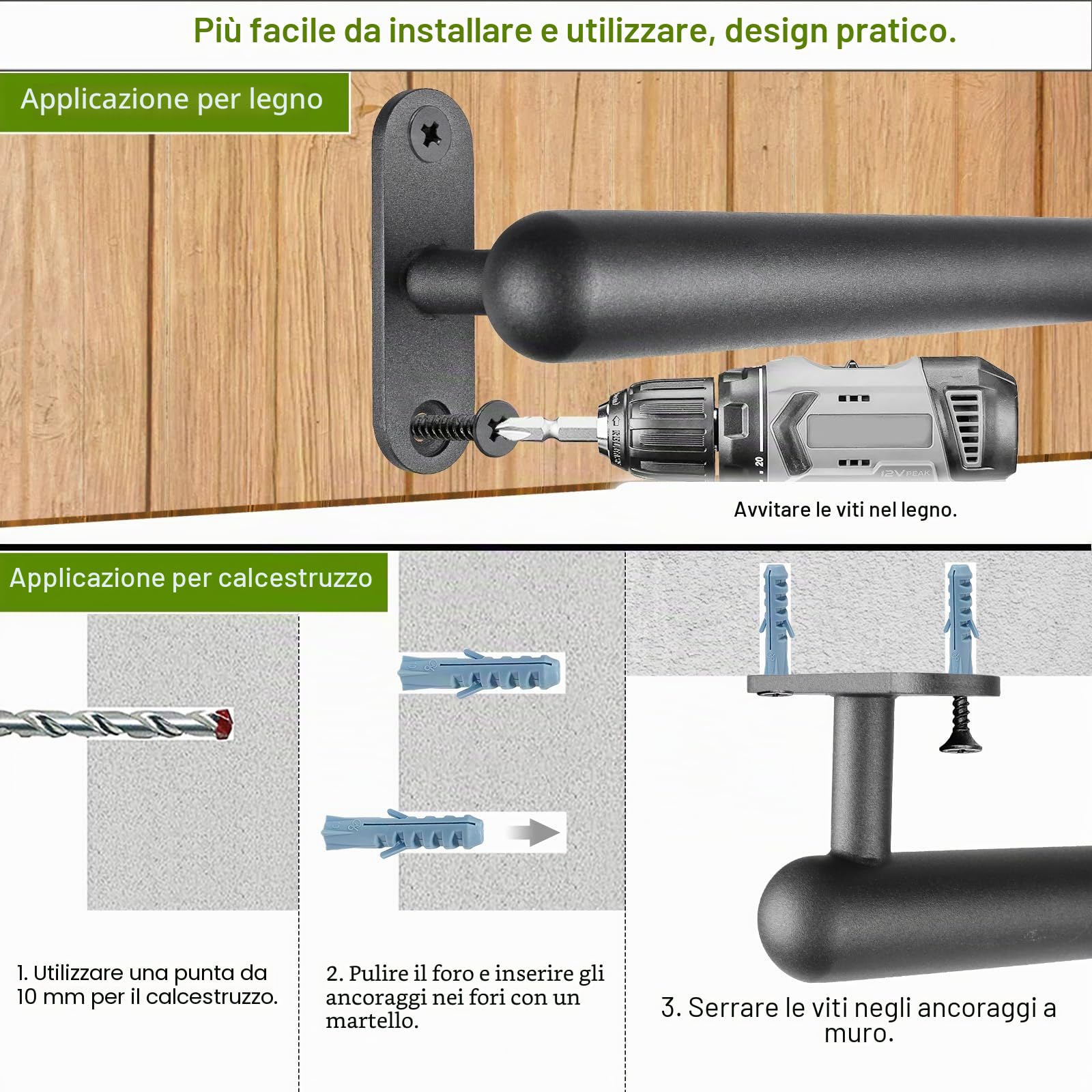 Dolibest 41cm Corrimano in Metallo da Parete, corrimano per gradini delle Scale, Maniglia di Sicurezza Antiscivolo, Barra di Sostegno per Scale Senza Barriere per Anziani, 1,3 Pollici Rotondo