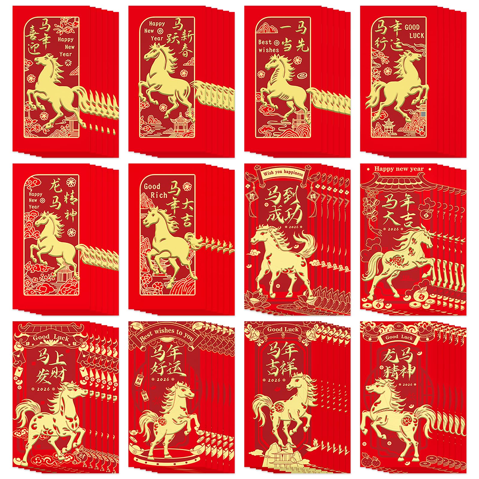 12 Patterns 72 Pcs Chinese New Year Red Envelopes 2026 – 3.5 x 6.7 Inch Lucky Horse Hong Bao Red Pocket Envelopes for Money, Gold Foil Embossed Lunar Envelopes for Spring Festival, Wedding Birthday