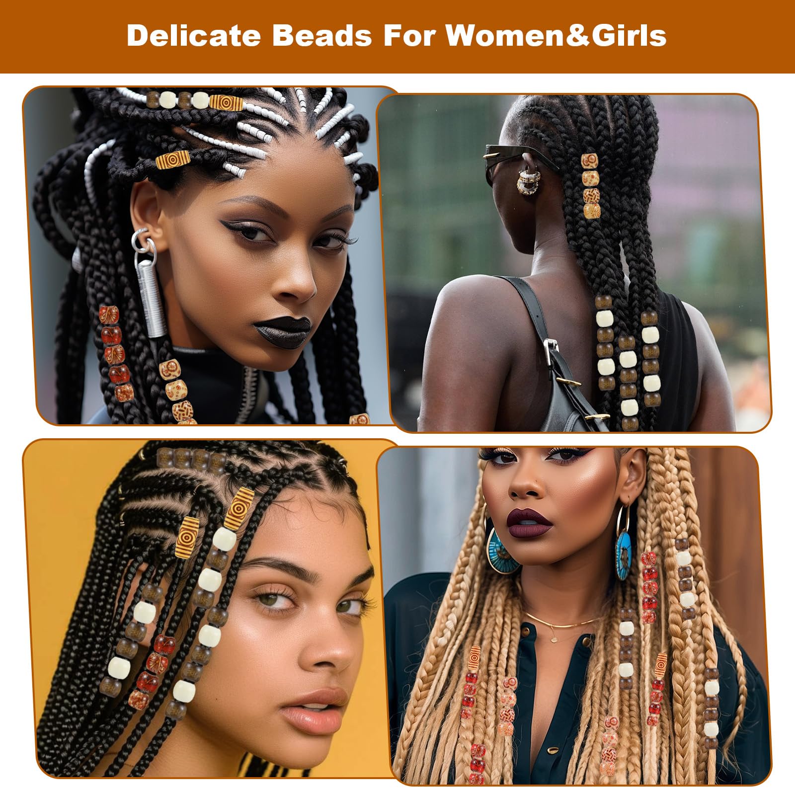 Larrel Lot De 60 Perles En Bois Imprimées - Perles En Bois Naturel Avec Grand Trou - Style Rétro - Accessoires Pour Cheveux - Pour Tresses En Bois - Perles De Bricolage