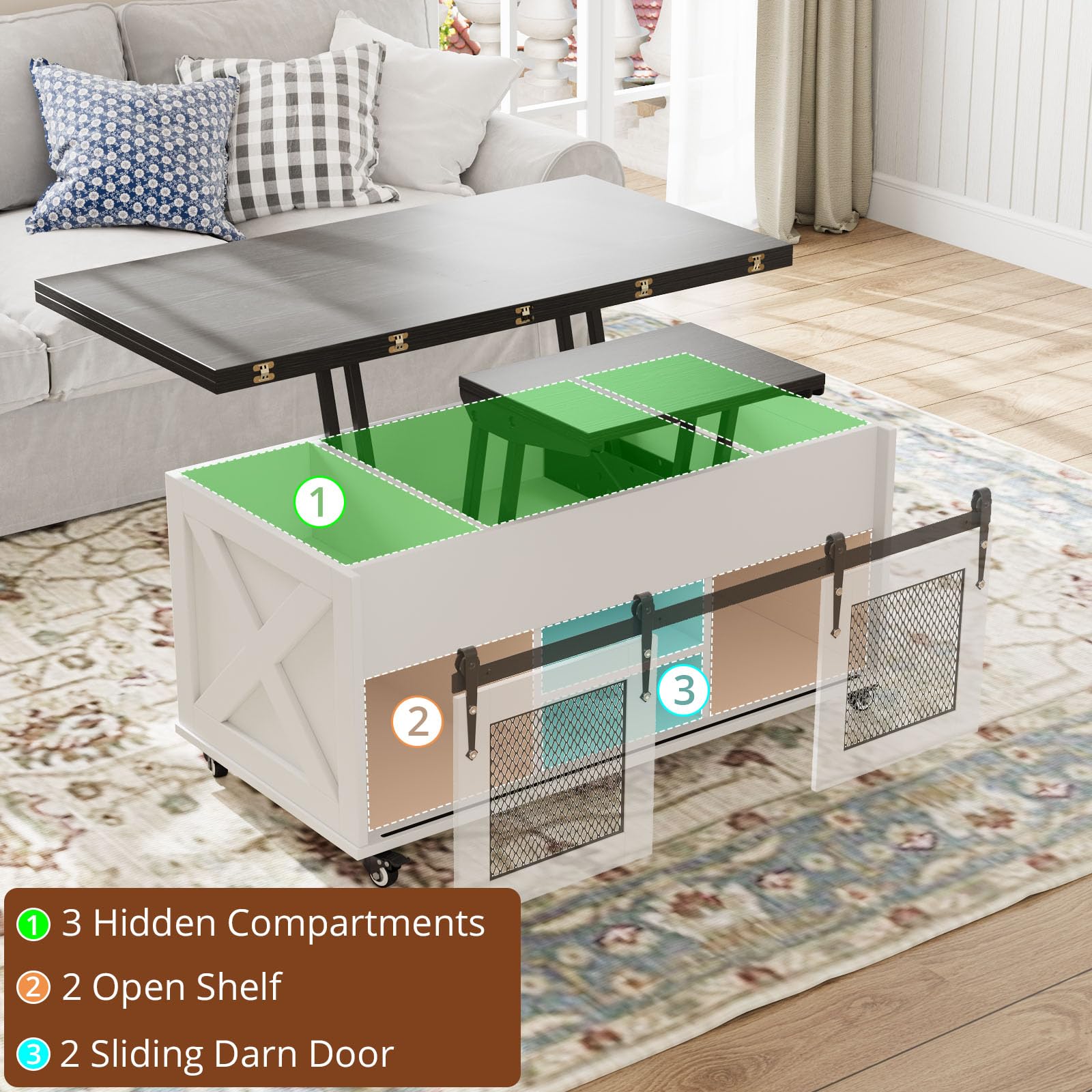 VOWNER Mesa de Centro Elevable, Mesa Extensible, Multifuncional 4 en 1 con Ruedas & Almacenamiento Oculto - Comedor, Convertible, Estilo Granja, Nogal (Negro)