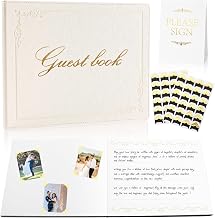 8x10 Inch Wedding Guest Book - 120 Blank & Lined Pages, Gold Foil PU Leather Hardbound Cover, Durable Sewn Binding, White
