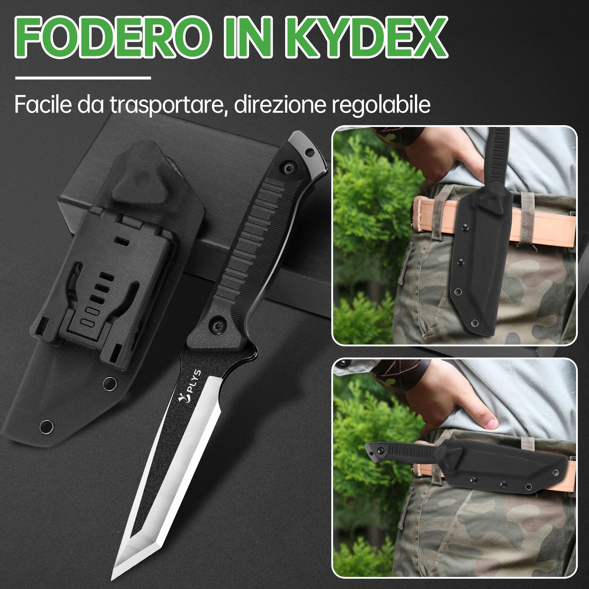 Coltello da Sopravvivenza A Lama Dritta per Esterni: Coltello da Caccia A Codolo Intero in 440c, Impugnatura in G10, Con Fodero in Kydex, Adatto per Campeggio, Escursionismo, Pesca O Come Regalo.