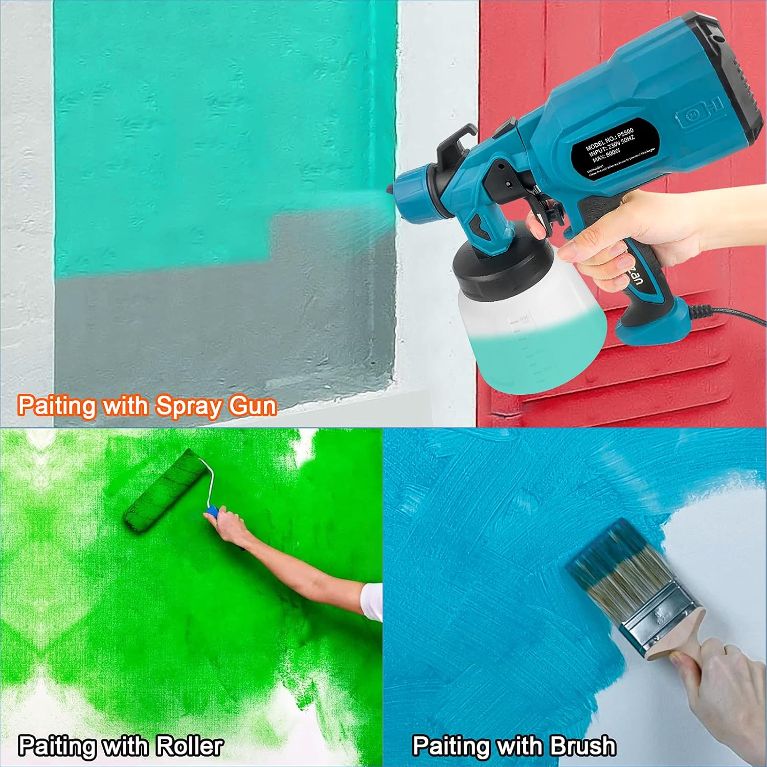 Rrtizan Paint Sprayer, 800W High Power HVLP Electric Spray Gun, 3 Copper Nozzle Kits & 3 Patterns, Easy Spraying and Cleaning, for Furniture, Fence, Car, Bicycle, Garden Chairs, Wall etc. : Tools & Home Improvement