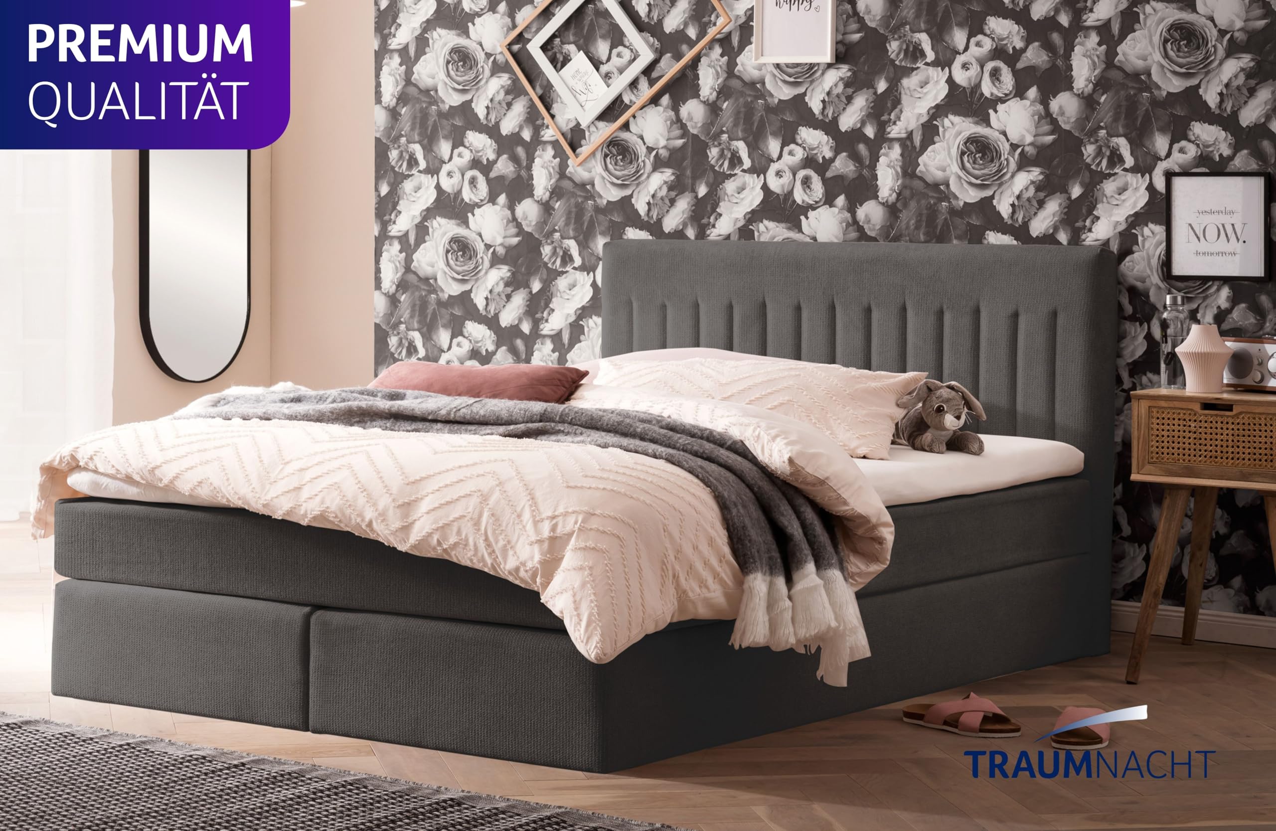 Traumnacht Boxbett Nizza mit praktischem Stauraum, mit 7-Zonen Tonnentaschenfederkernmatratze (H3) und Komfortschaumtopper, Leichter Aufbau, 180 x 200, dunkelgrau