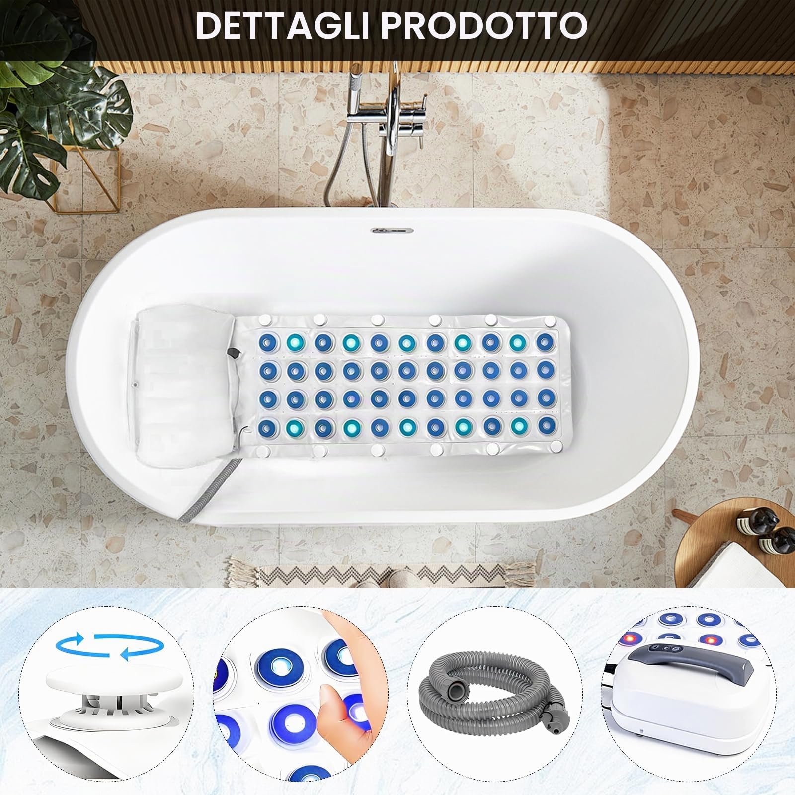 Idromassaggio per Vasca da Bagno, Tappetino Idromassaggio Tappetino SPA ad Aria con Illuminazione LED Multicolore 6 Livelli di Intensità 93 Ugelli e Cuscino Accessorio per Spa Domestica