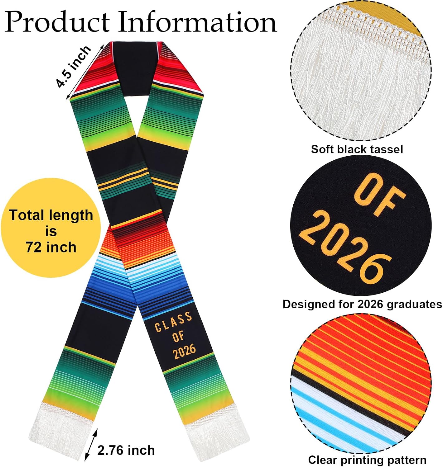 Vicenpal 2 Pcs Class of 2026 Mexican Graduation Sash 72'' Mexican Graduation Stole Black Hispanic Stole Grad Serape Scarf