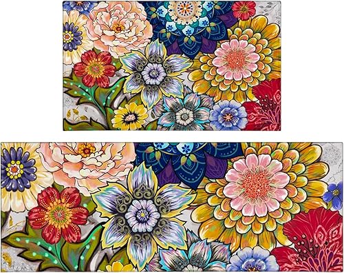 Xsinufn Juego de 2 alfombras de cocina florales bohemias grandes, coloridas alfombras decorativas de perfil bajo, decoraciones para el hogar y la Xsinufn Juego de 2 alfombras de cocina florales bohemias grandes, coloridas alfombras decorativas de perfil bajo, decoraciones para el hogar y la