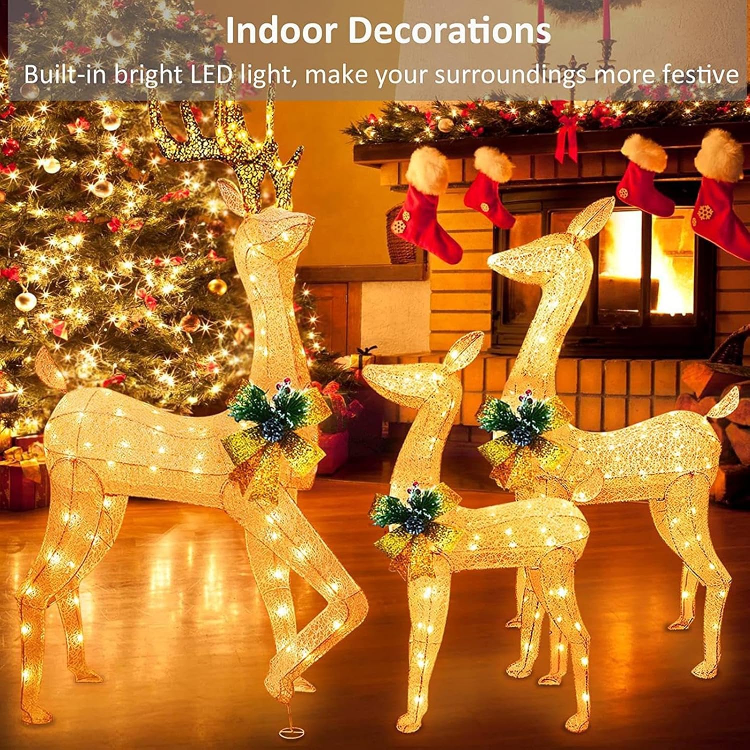 Illuminated Deer Set of 3 Large Christmas Illuminated Deer Set Acrylic Christmas Illuminated Deer Family Set with LED Lights for Indoor, Outdoor and Front Yard