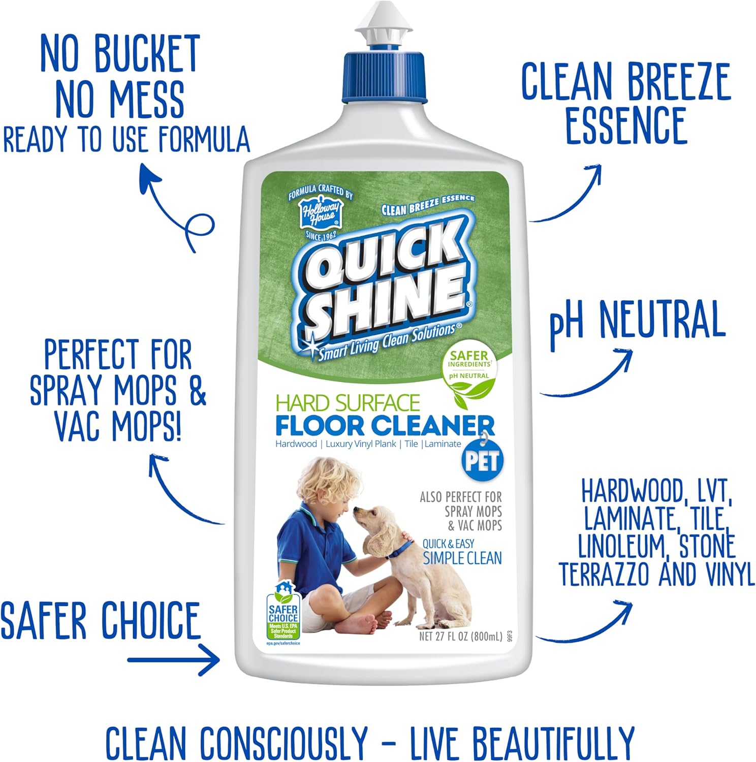 Quick Shine Hard Surface Pet Floor Cleaner 27 oz, 6Pk | Ready to Use, Removes Dirt, Streak Free, No Rinse | Hardwood, Laminate, Luxury Vinyl Plank LVT, & Tile | Safer for Kids, Pets & Our Environment