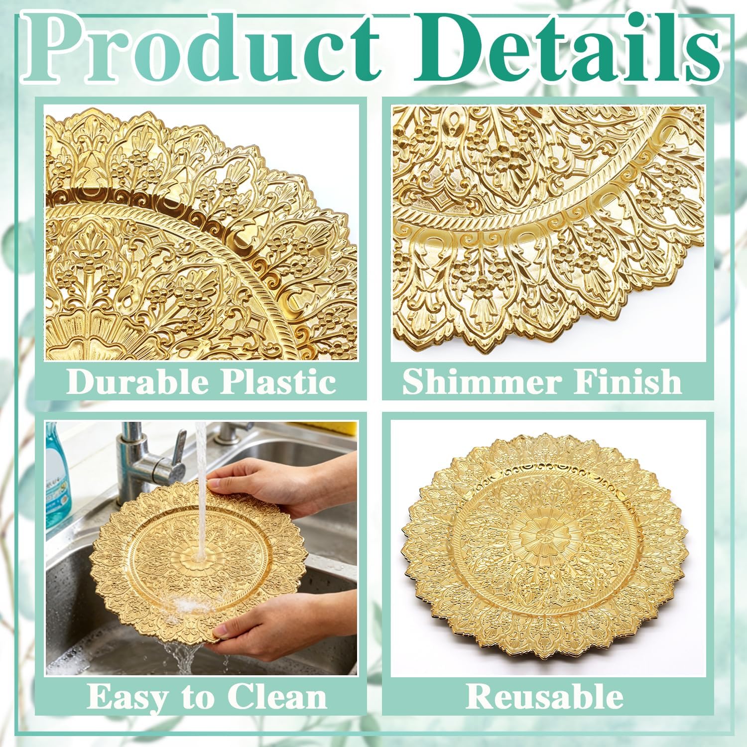 Benvo 13 Inch Charger Plates Set of 12 - Elegant Reusable Dinner Base Plates for Weddings, Parties, & Holiday Table Decor - Bulk Service Plate Underplates (Antique Gold A)