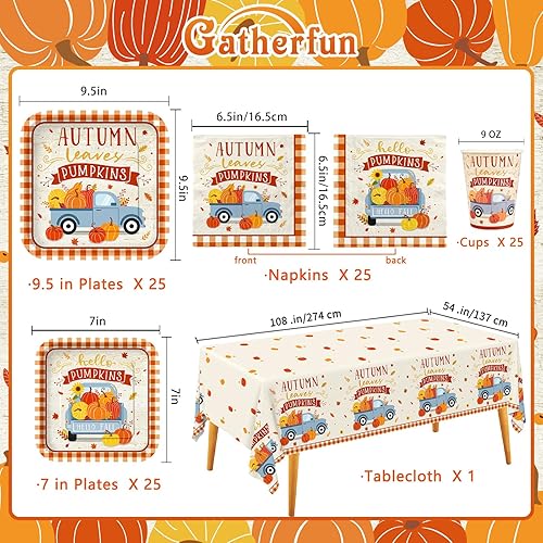 Miniatura 2 de Kit de suministros para fiestas temáticas de otoño, sirve para 25: juego completo de vajilla desechable de cosecha de otoño, incluye cena y platos,