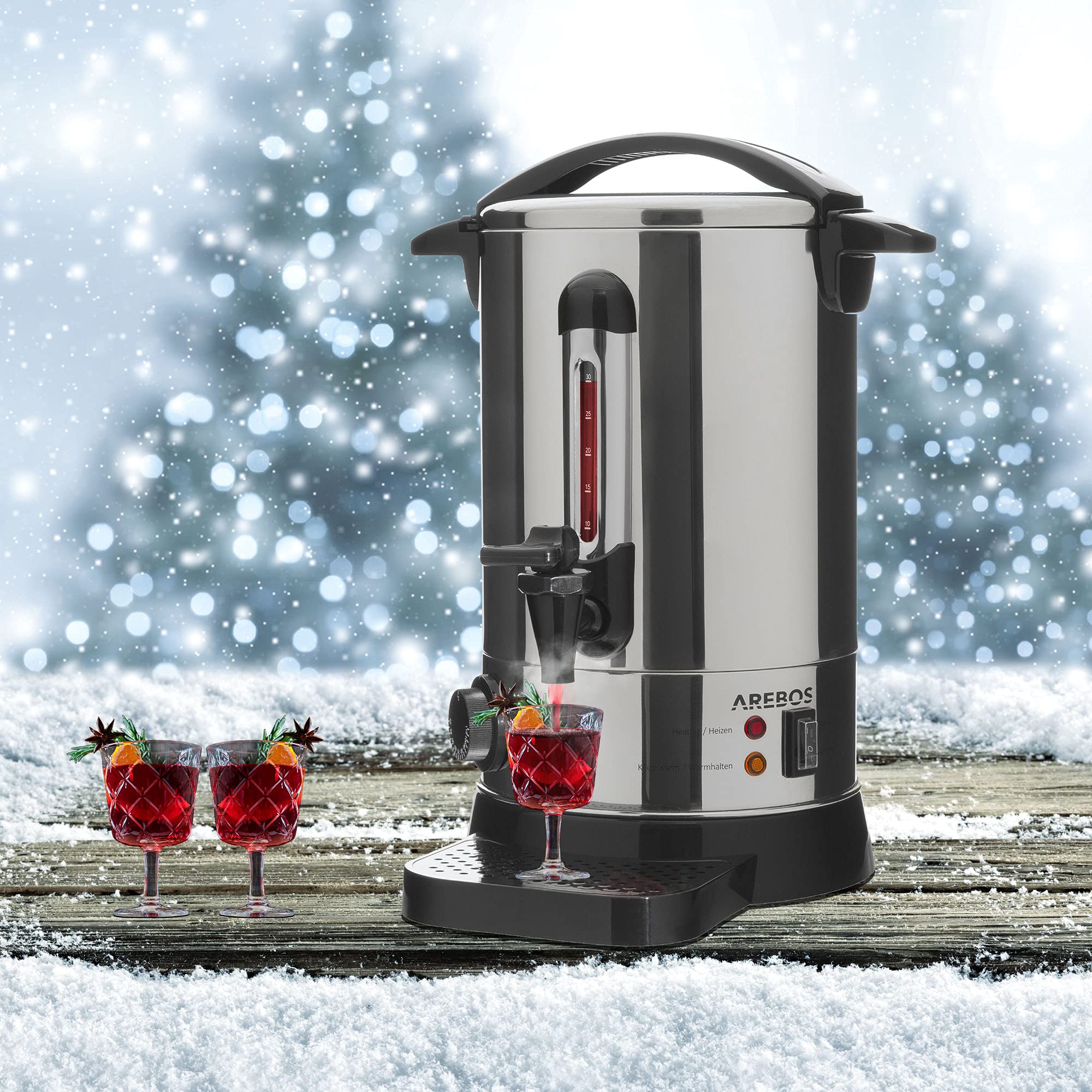 Arebos Pentola Bollitore 6,8 L 950 W | Dispenser Acqua Calda Vin Brulè Caffè Tè | Distributore Elettrico Bevande Calde con Rubinetto | Temperatura Regolabile 30-110 °C